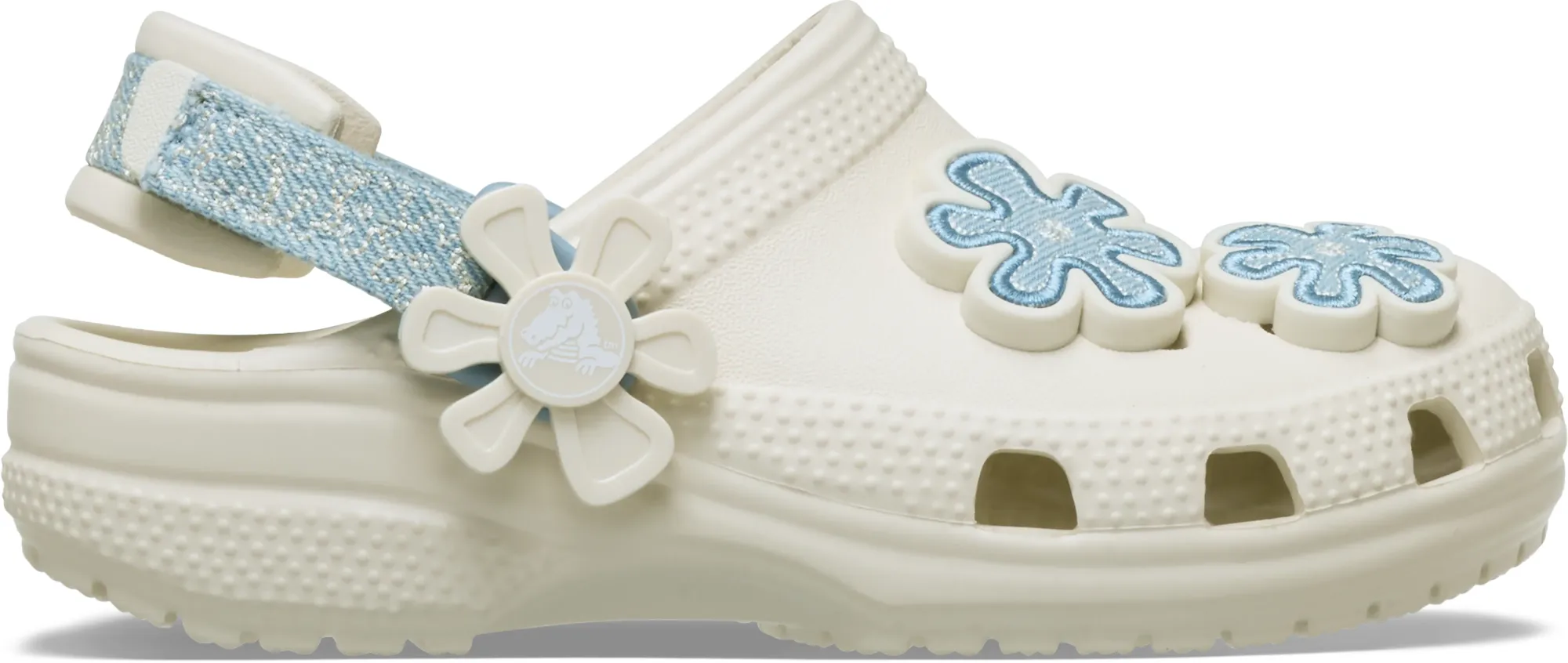 Crocs | Kids | Toddler Classic Denim Flower Adjustable Backstrap | Clogs | Summit White | C4