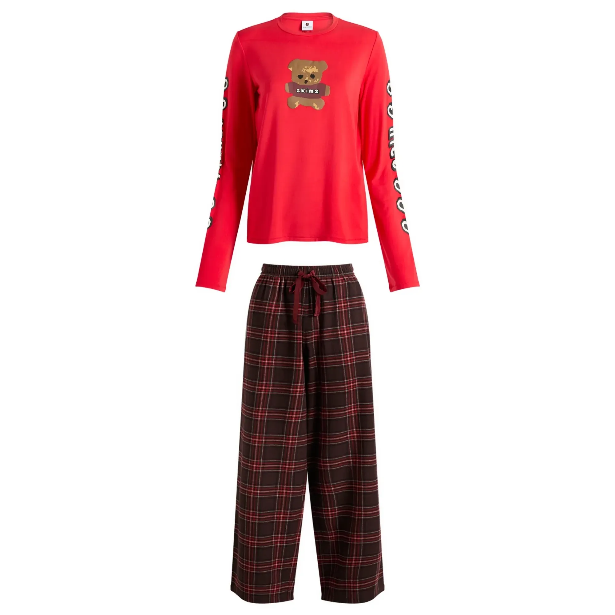 SKIMS Women's x CPFM Long Sleeve & Flannel Pant Sleep Set Red Teddy Bear Print