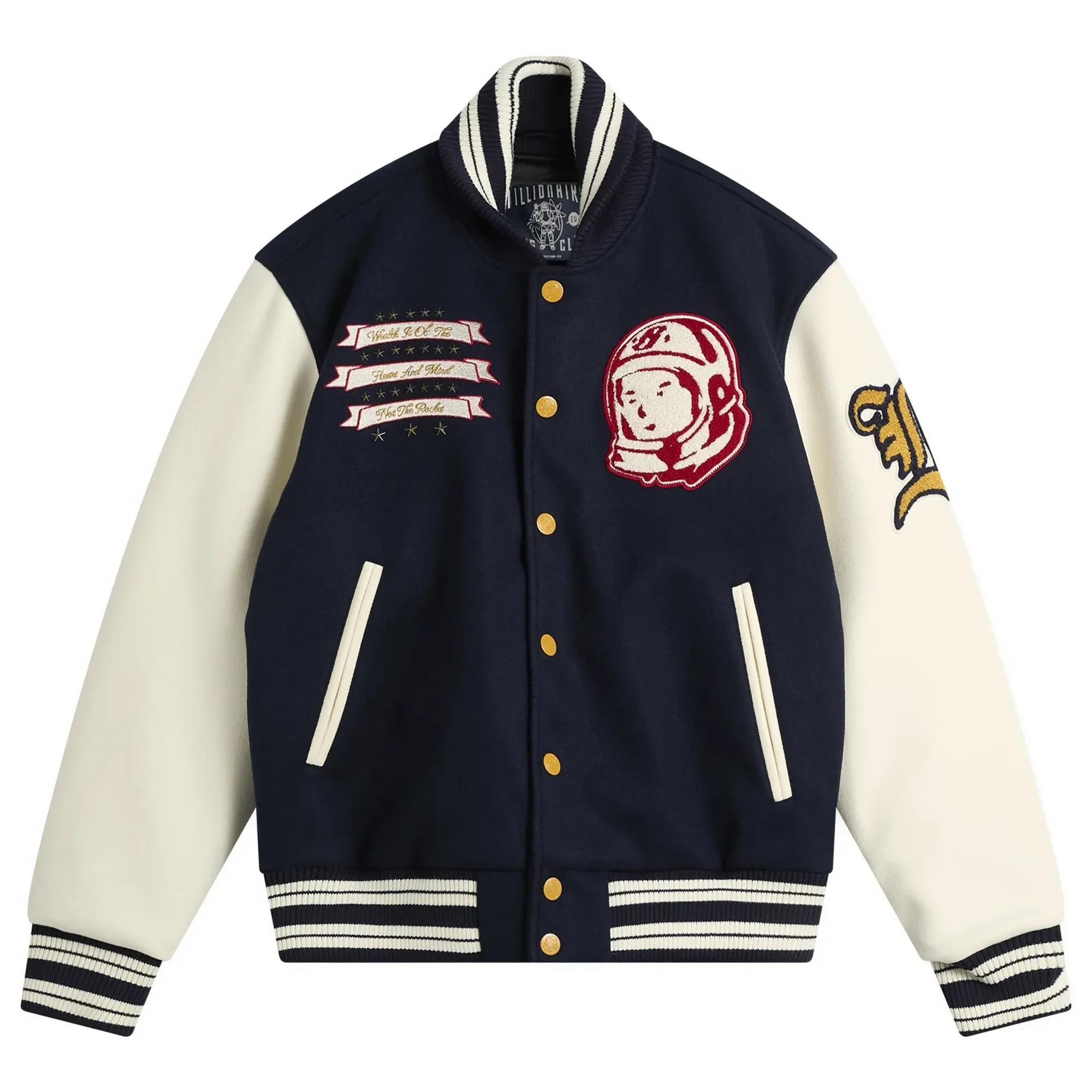 Billionaire Boys Club Men's Fanfare Script Logo Varsity Jacket Navy/Cream