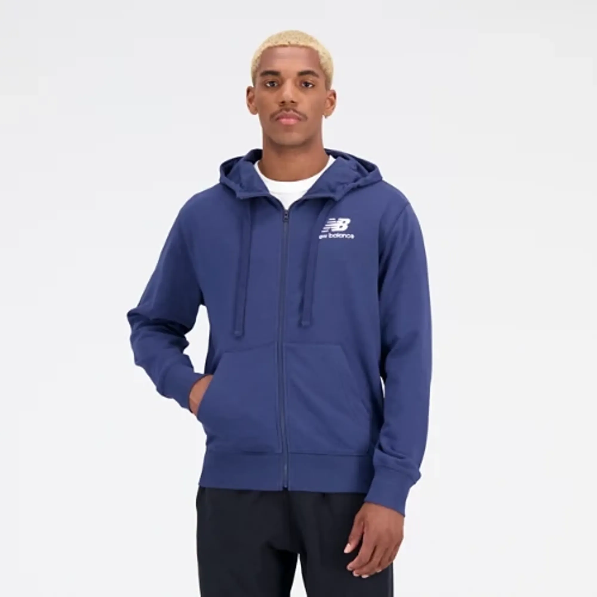 New Balance Men's Essentials Stacked Logo French Terry Jacket in Blue Cotton Fleece
