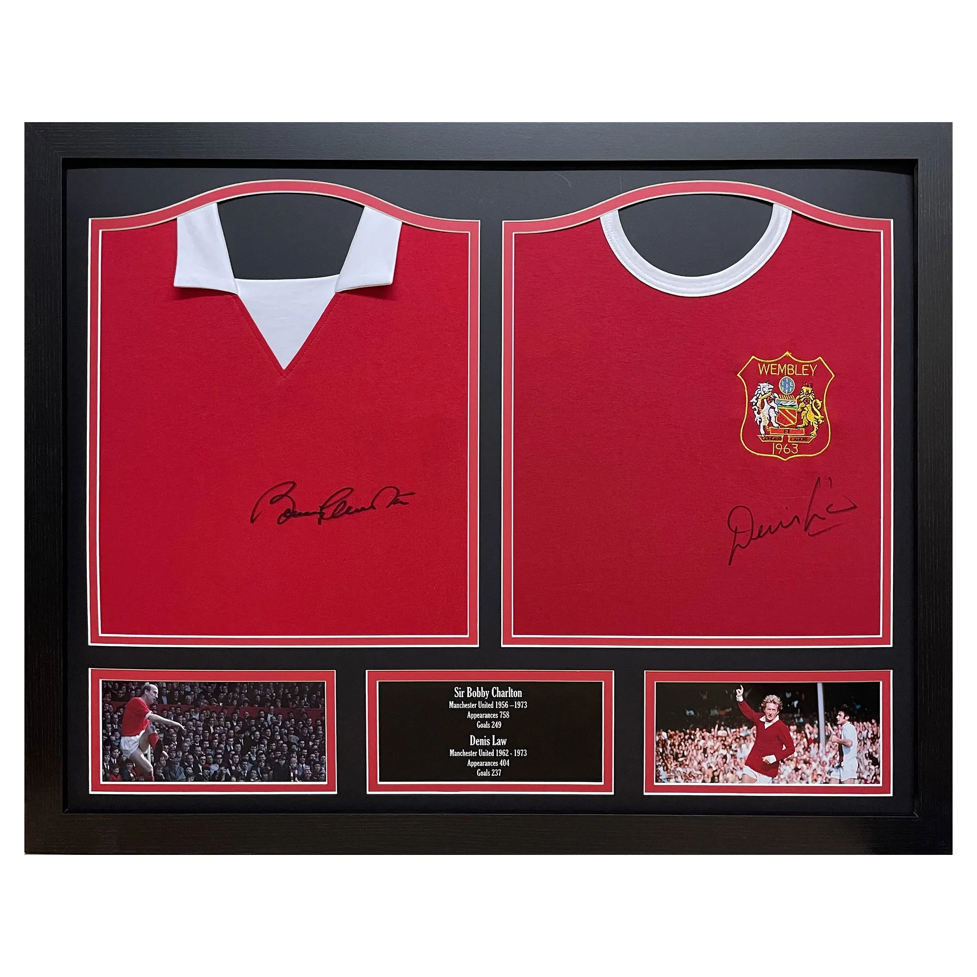 Manchester United Framed Bobby Charlton & Denis Law Double Signed Shirt Display