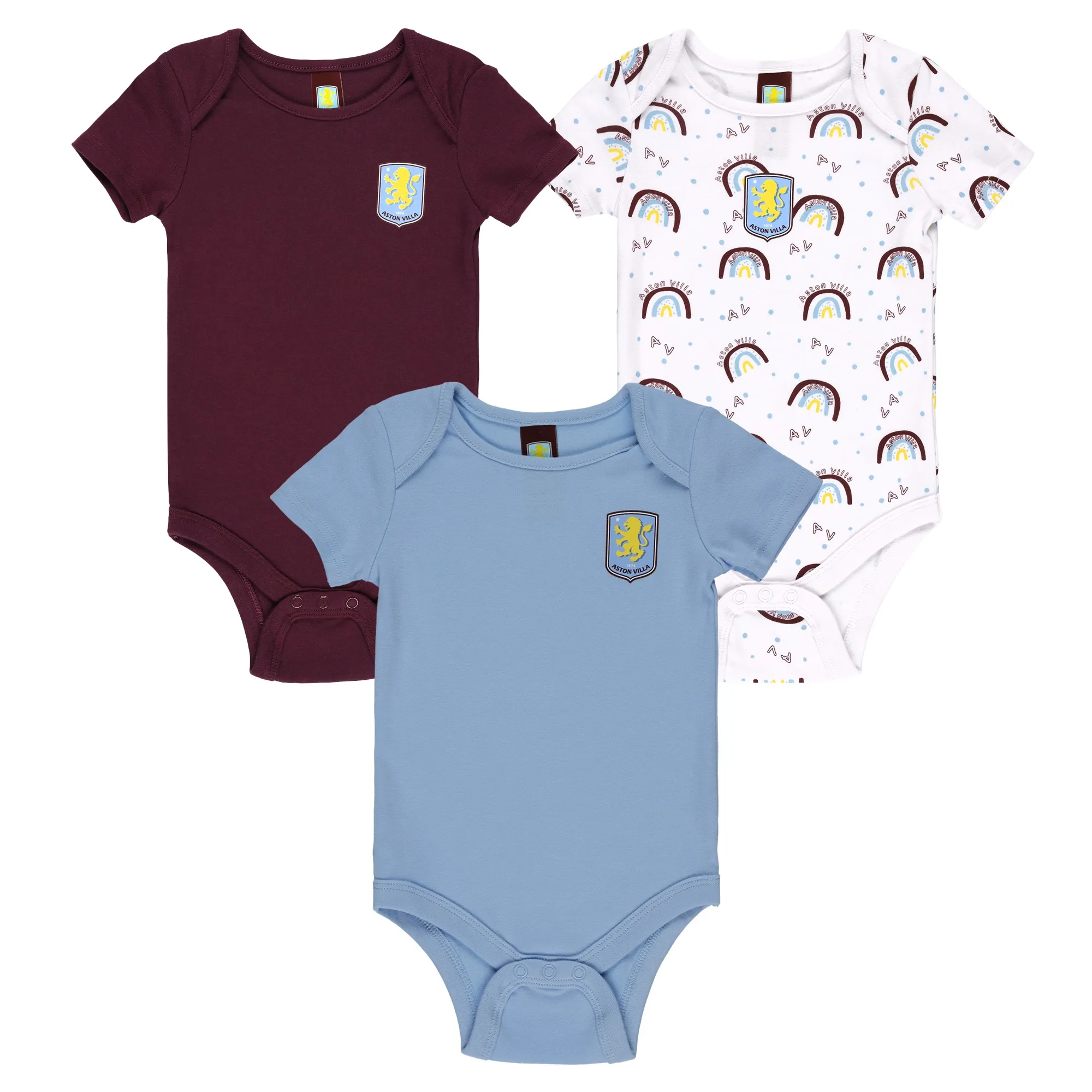 Aston Villa 3 Pack Bodysuits - Sky/White/Claret - Baby
