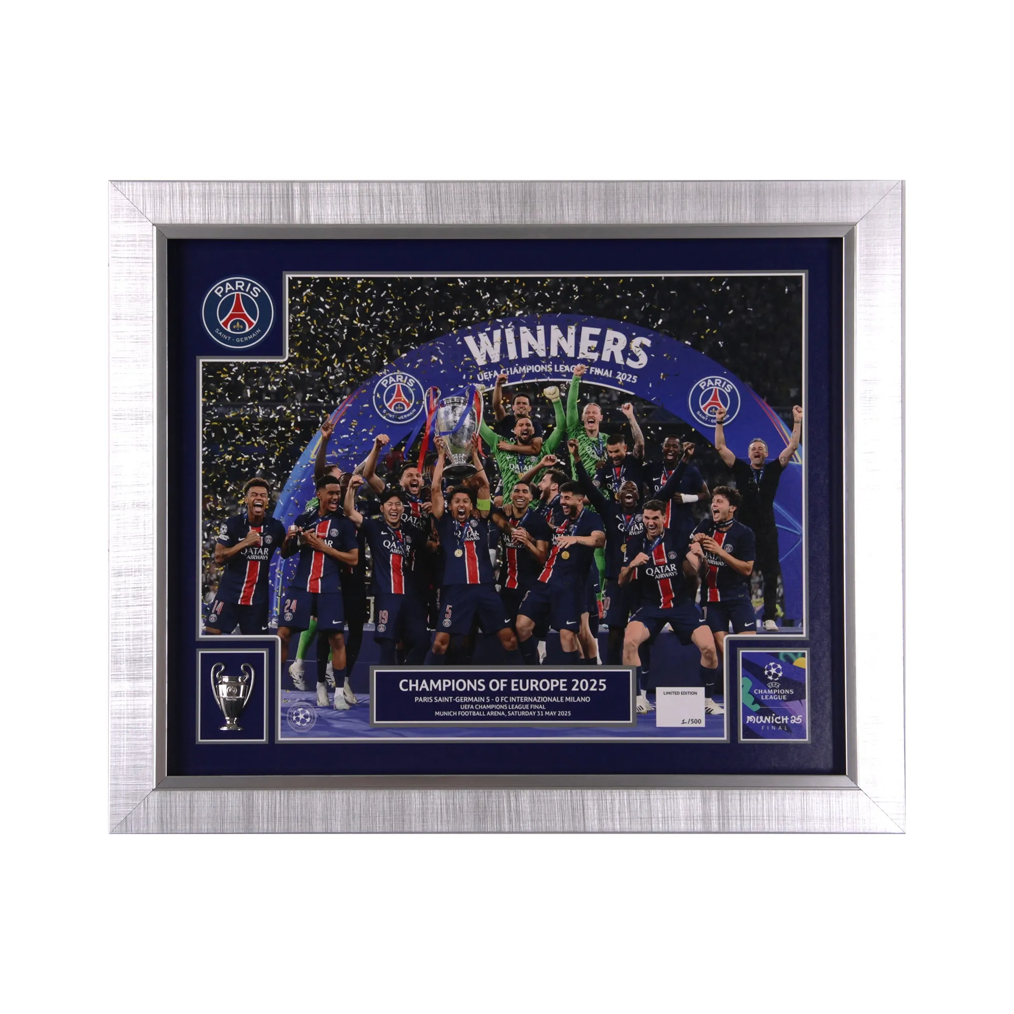 PSG UEFA Limited Edition Champions of Europe Trophy Lift with 2D Trophy - 20 x 16 - Frame