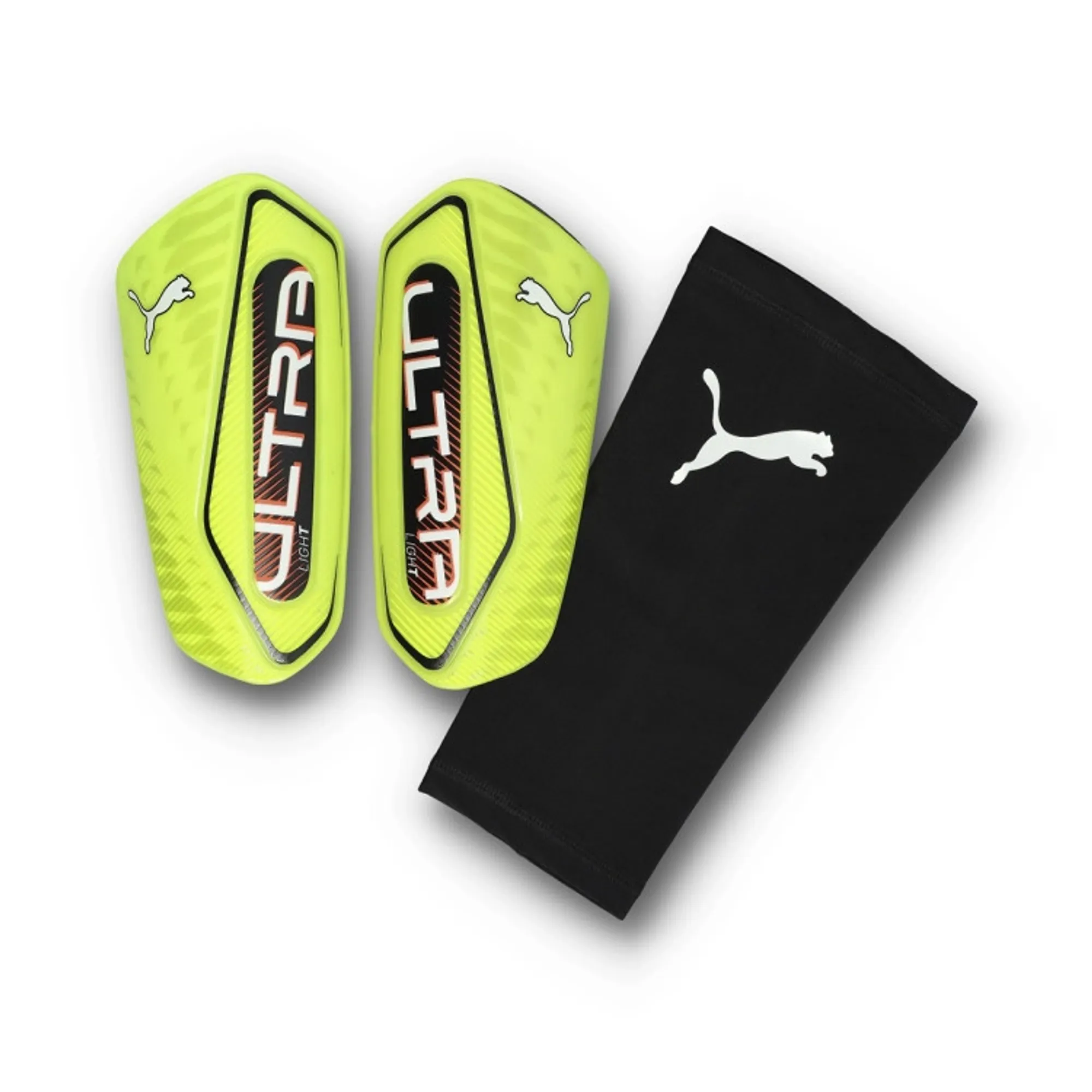 PUMA Ultra Light Football Sleeve Shinguards, Yellow Alert/Black, size Large