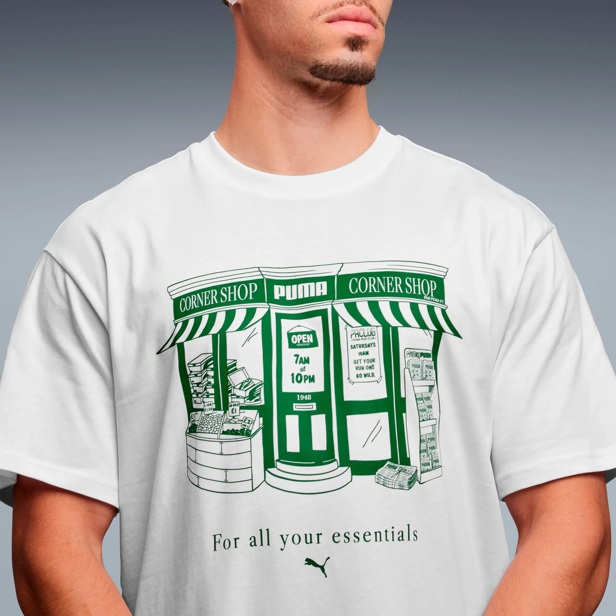 PUMA Graphic Corner Shop LDN Tee Shirt Unisex, White, size Large