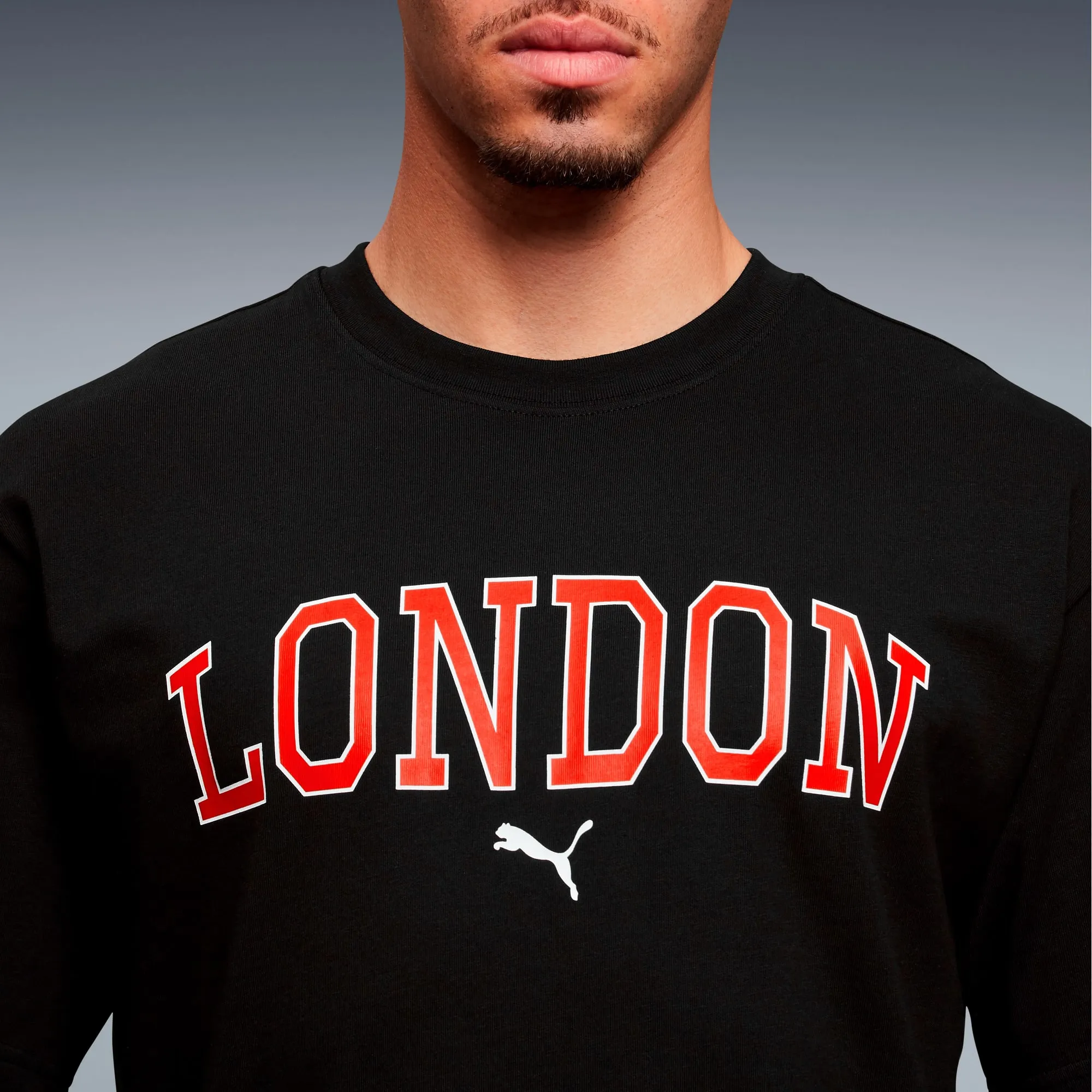PUMA Graphic Varsity LDN Tee Shirt Unisex, Black, size Large