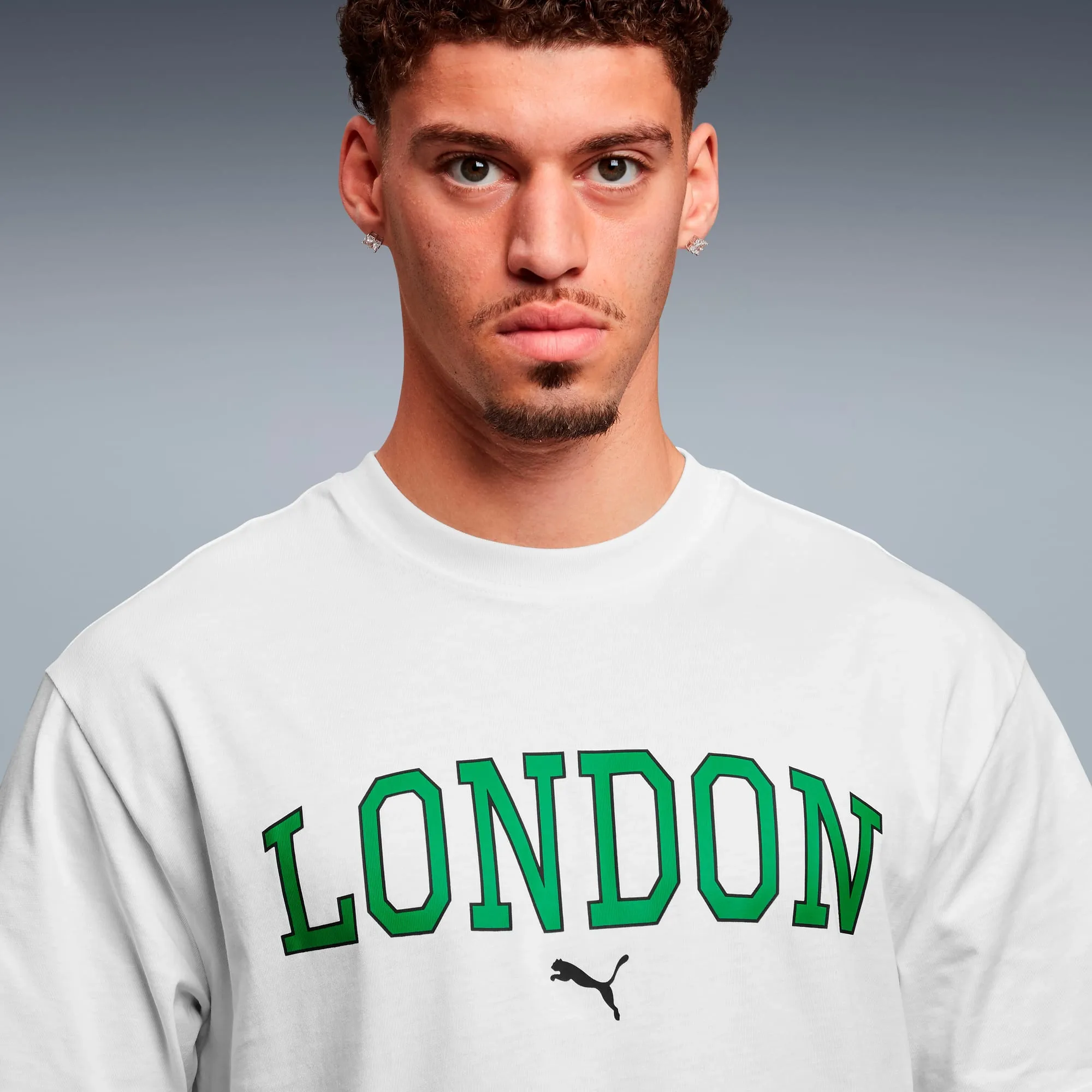 PUMA Graphic Varsity LDN Tee Shirt Unisex, White, size Large