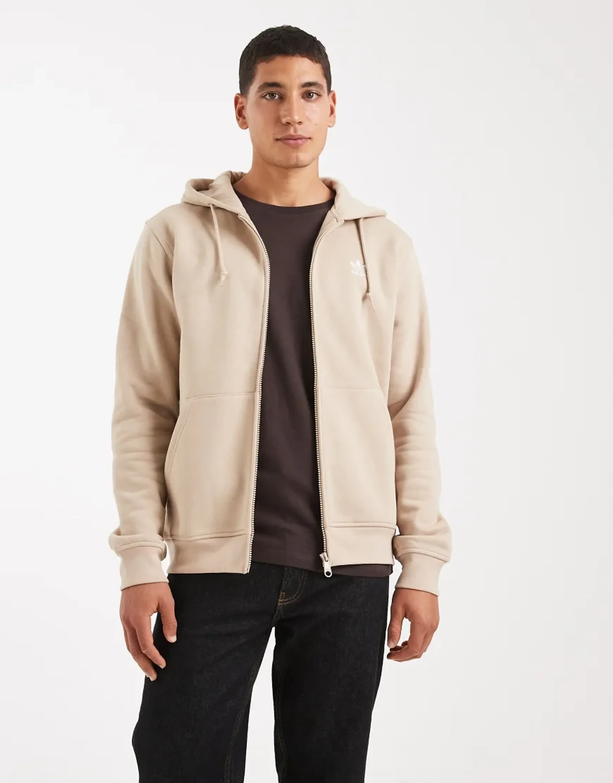 Adidas Originals Trefoil Essentials Full-Zip Hoodie In Stone Khaki-Neutral