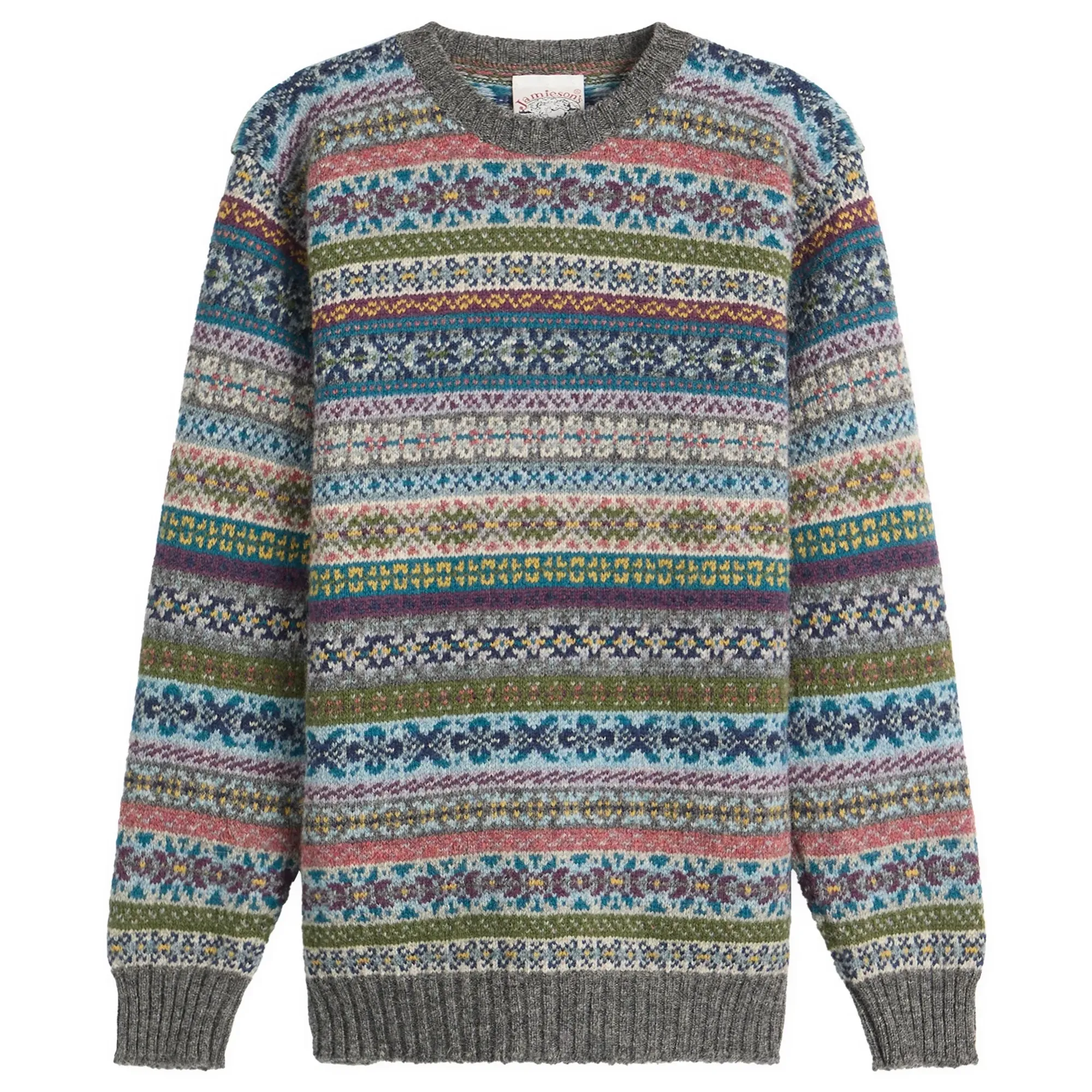 Jamiesons of Shetland Fair Isle Crew Knit Grey/Blue/Green