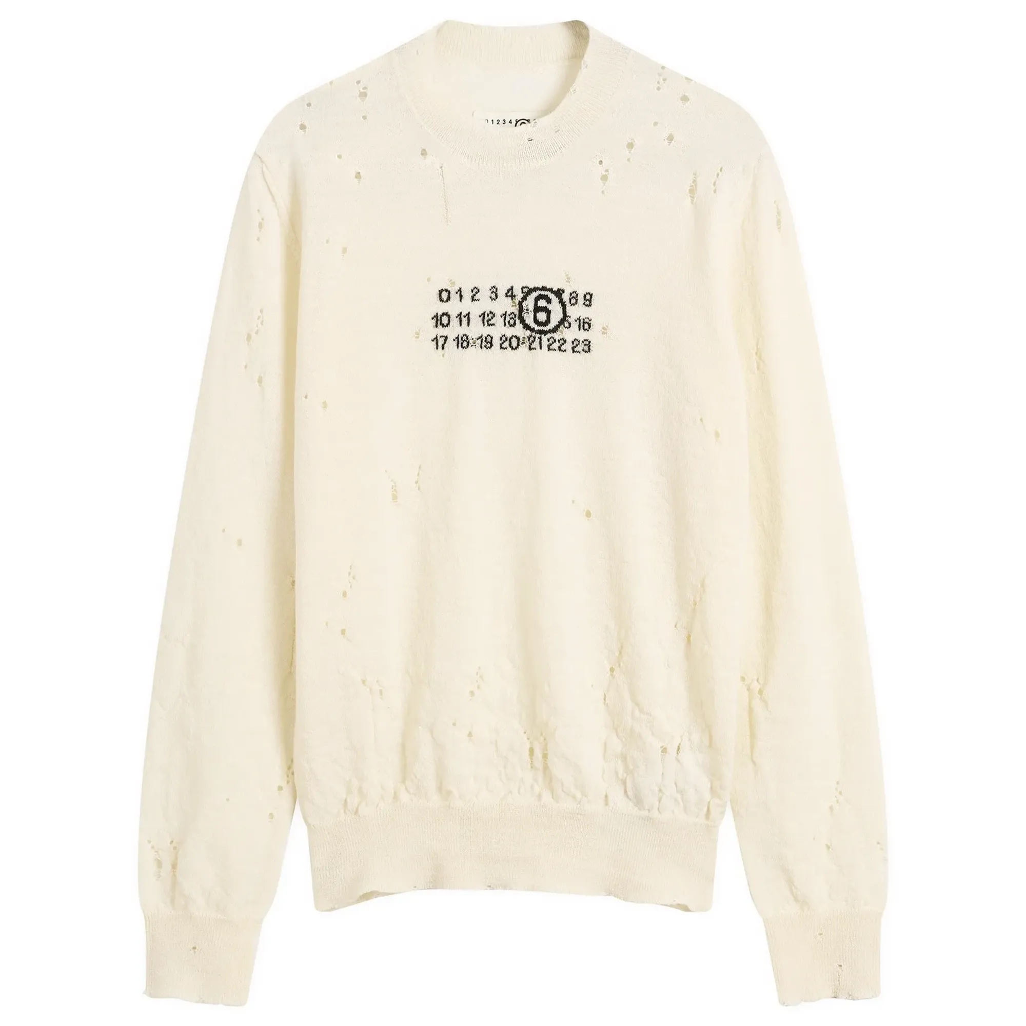 MM6 Maison Margiela Men's Numbers Logo Distressed Knitted Jumper Off White