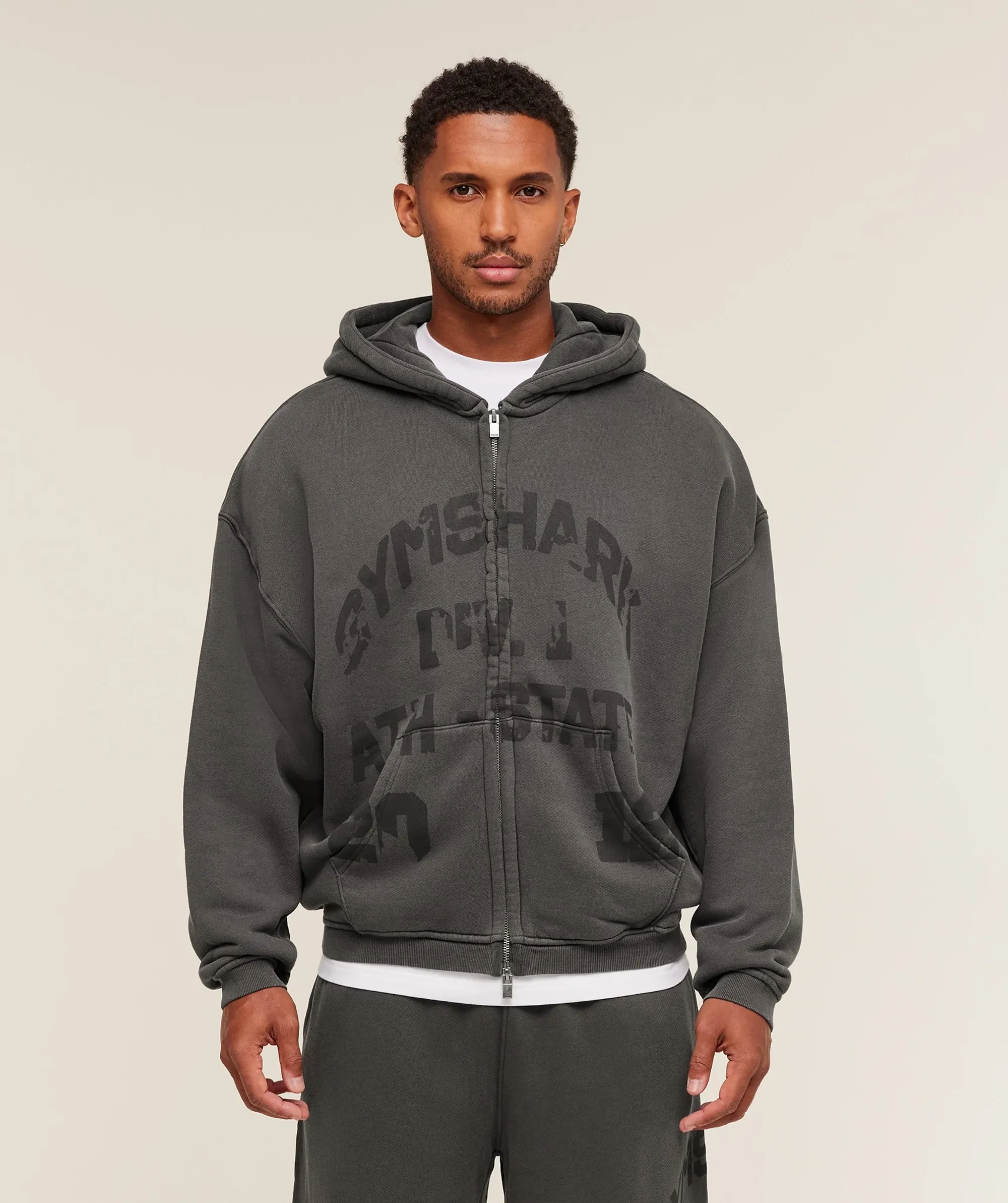  Collegiate Washed Zip Up Hoodie - Asphalt Grey