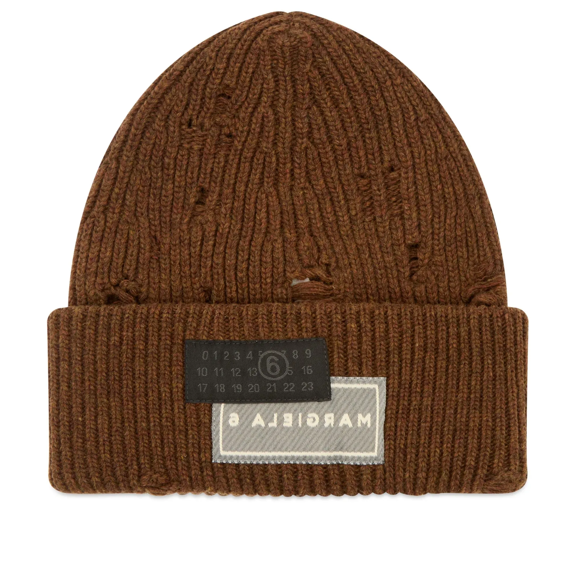 MM6 Maison Margiela Men's Ribbed Distressed Beanie Brown Melange
