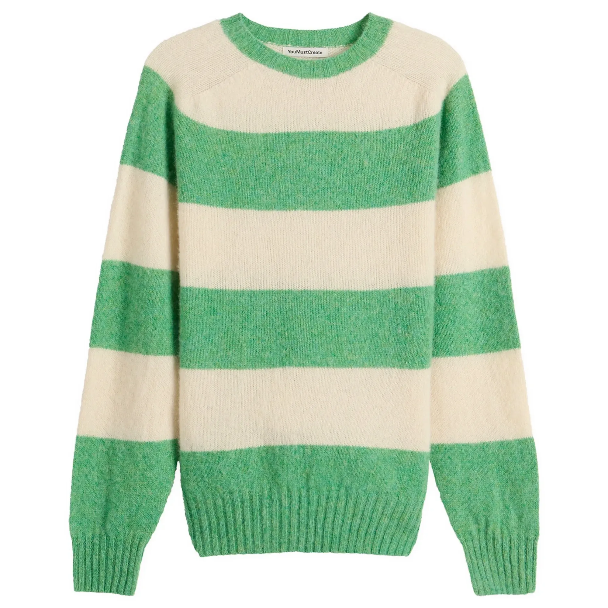 YMC Men's Suedehead Stripe Crew Neck Jumper Green/Off White
