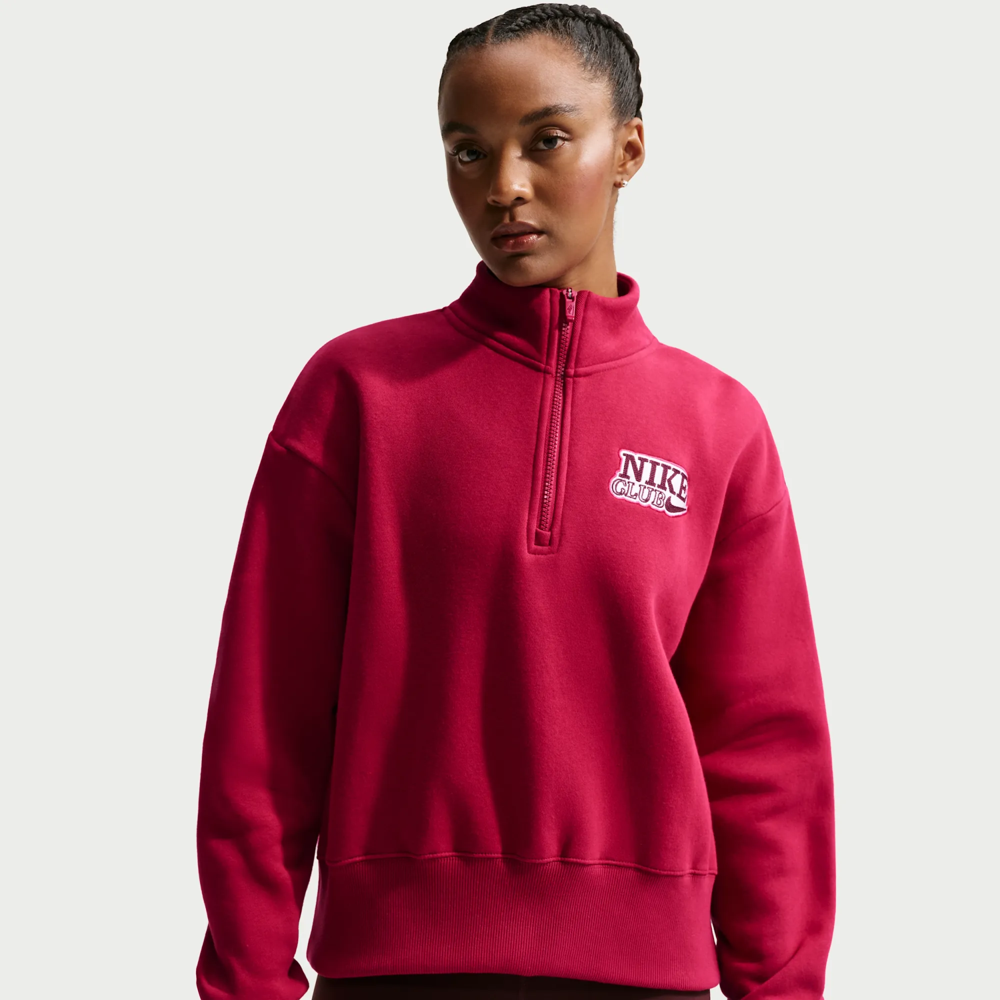 Nike Women's Oversized 1/4-Zip Fleece Top - Red - Cotton/Polyester