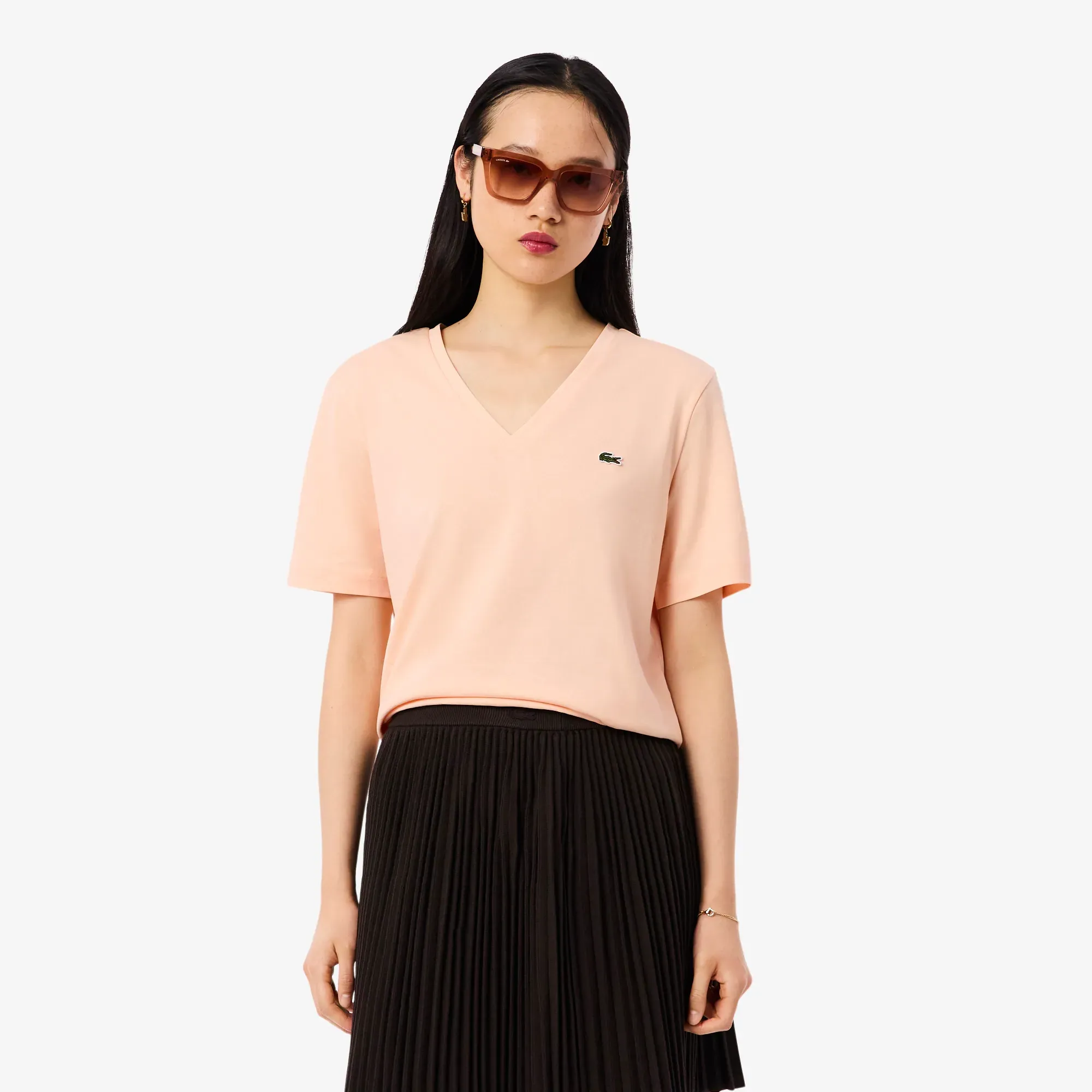 Lacoste Relaxed Fit Soft Cotton V Neck T-shirt - Peach Pink