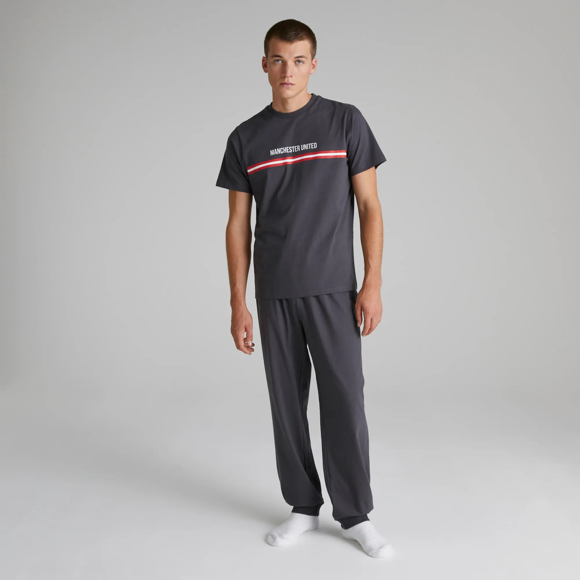 Manchester United Mens Bar Stripe Pyjama Set Grey