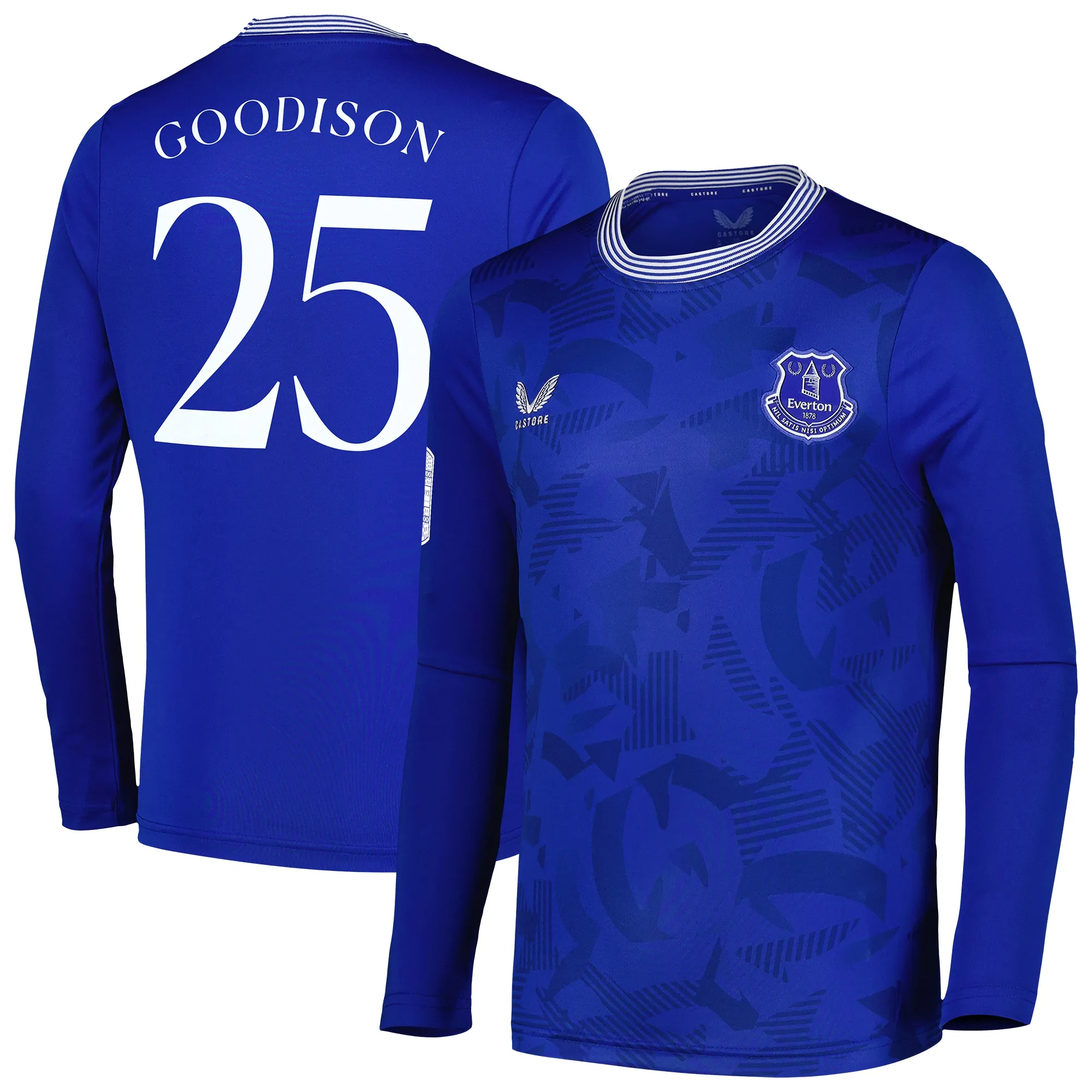 Everton Castore Home Replica Shirt 2024-25 - Kids - Long Sleeve with Goodison 25  printing and Goodison Park Commemorative Patch