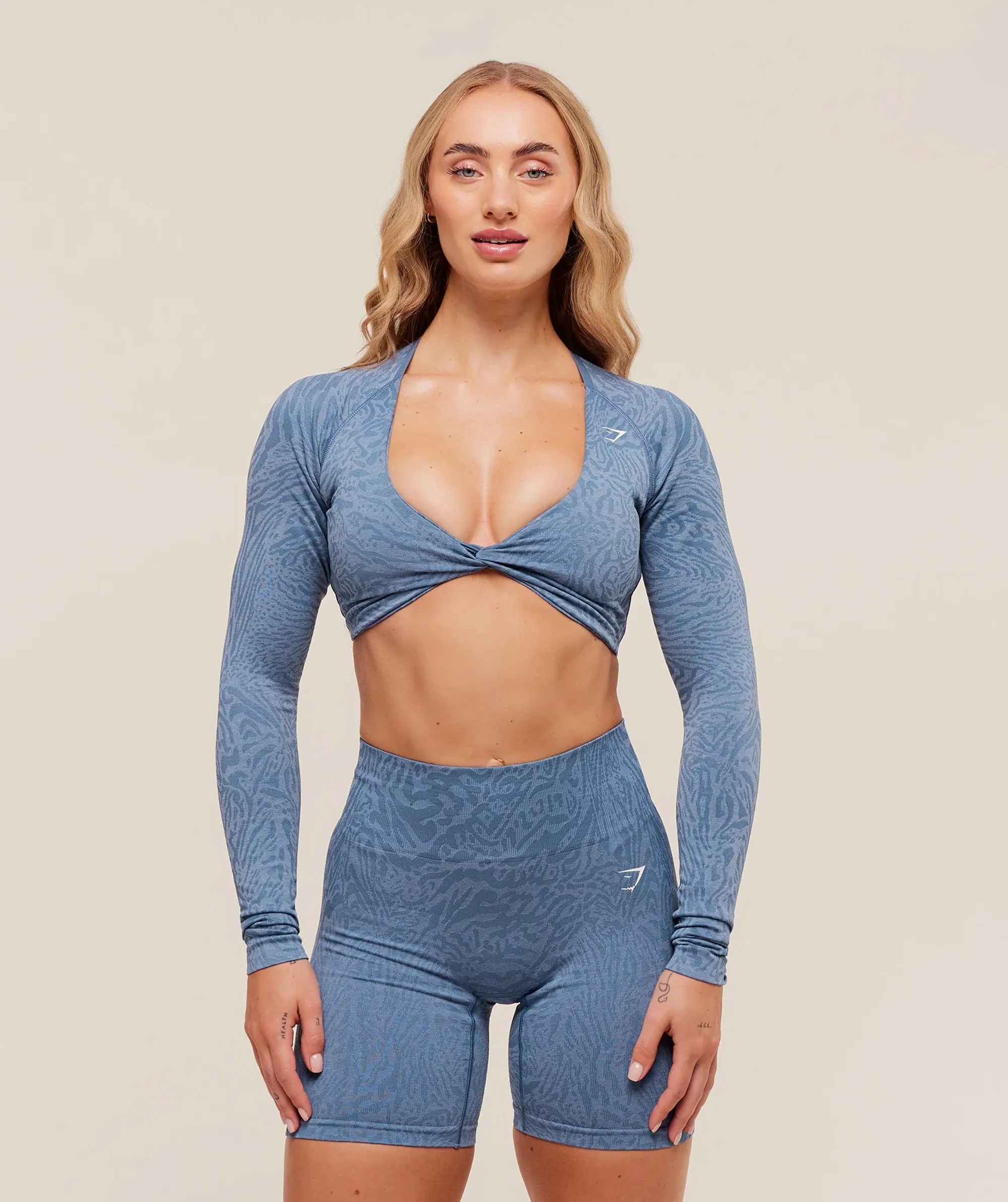Gymshark Adapt Animal Long Sleeve Crop Top - Worn Blue/Peri Blue