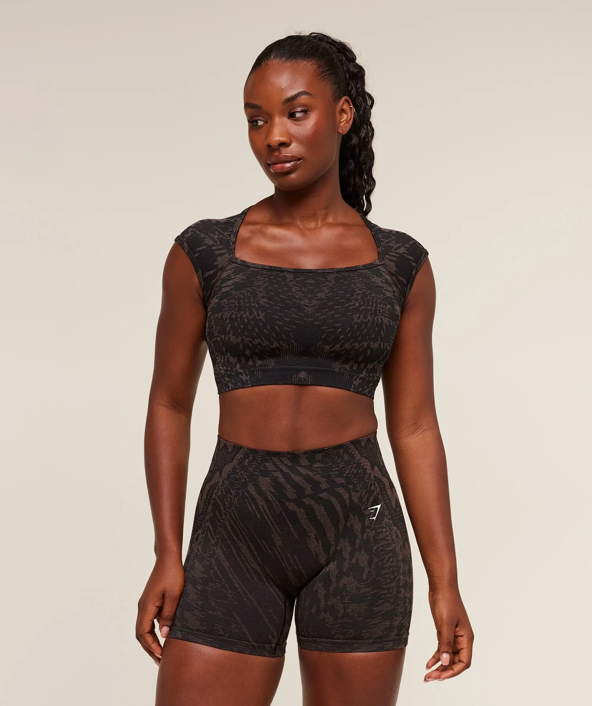 Gymshark Adapt Houndstooth Midi Top - Black/Chestnut Pink