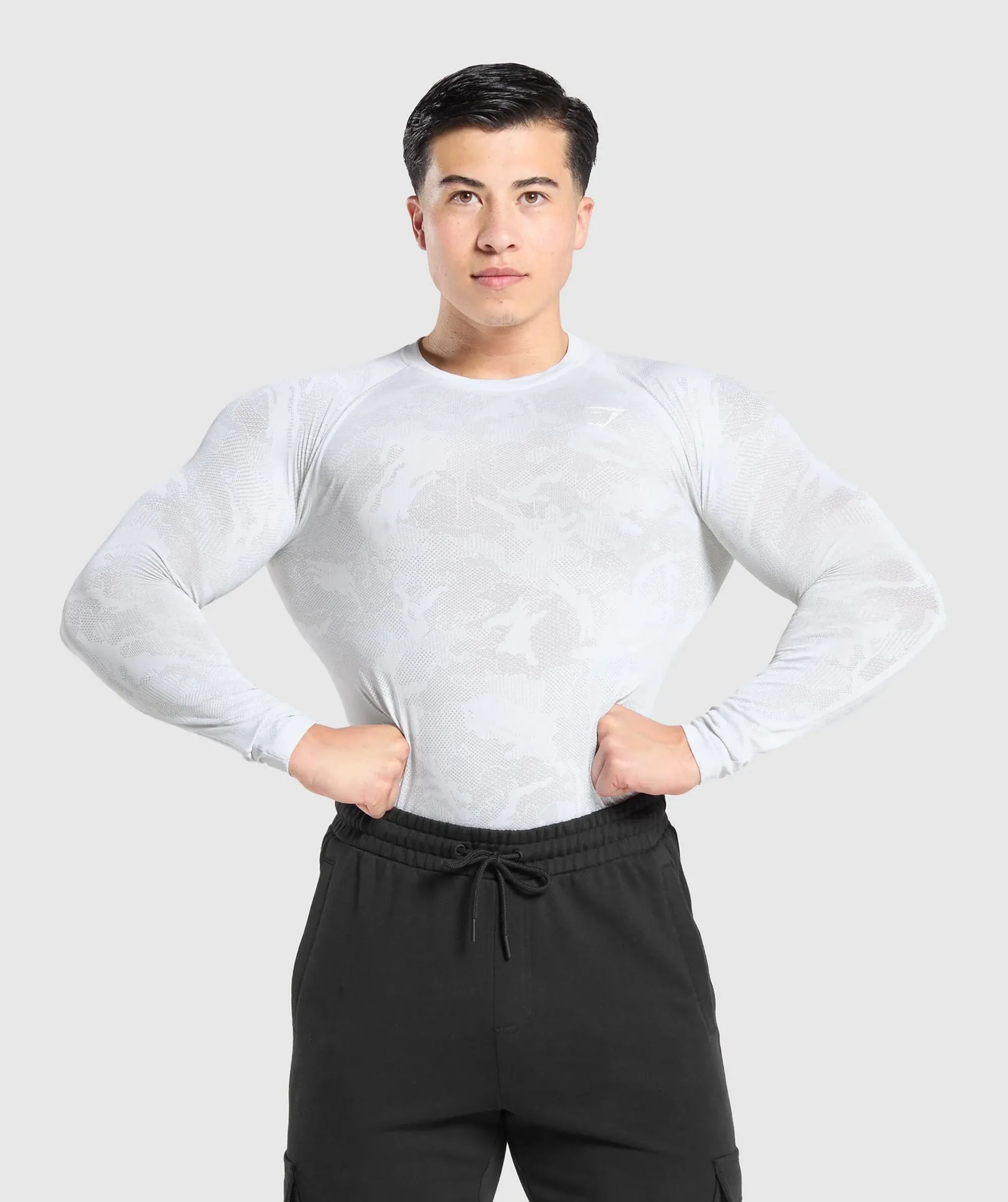 Gymshark Geo Seamless Long Sleeve T-Shirt - White/Light Grey