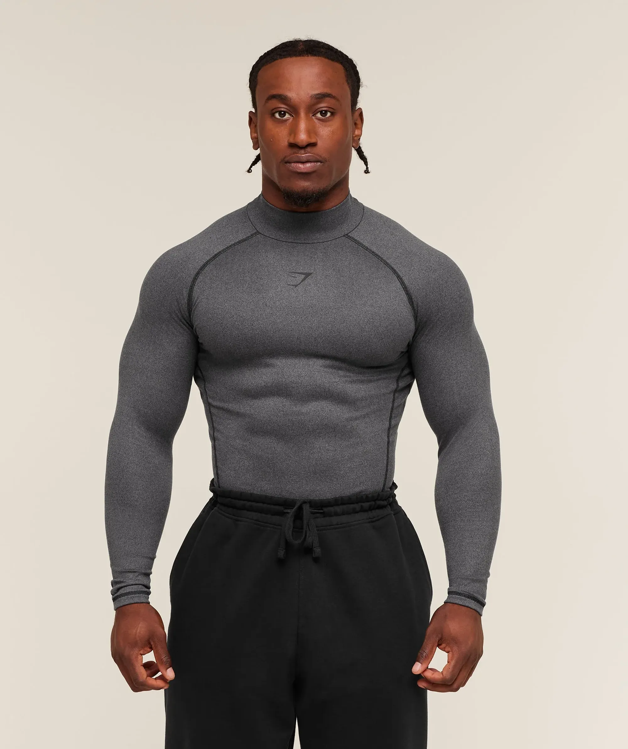 Gymshark Element Baselayer Mock Neck Long Sleeve T-Shirt - Black/Dark Grey Marl