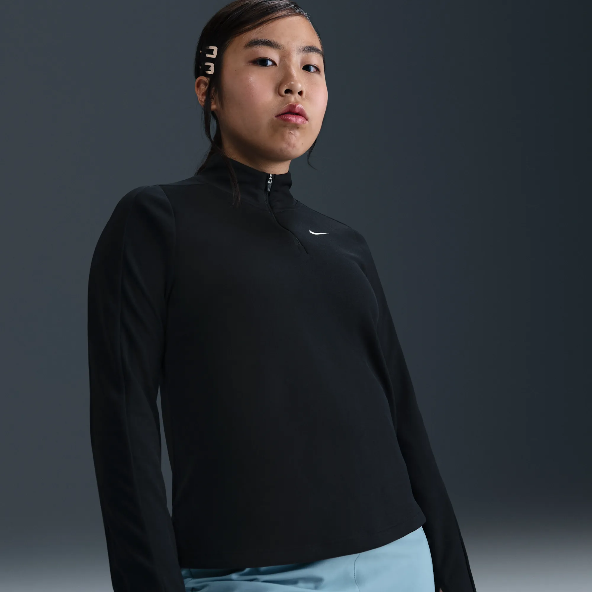Nike Dri-FIT Older Kids' (Girls') Long-Sleeve 1/2-Zip Top (Extended Size) - Black - Polyester