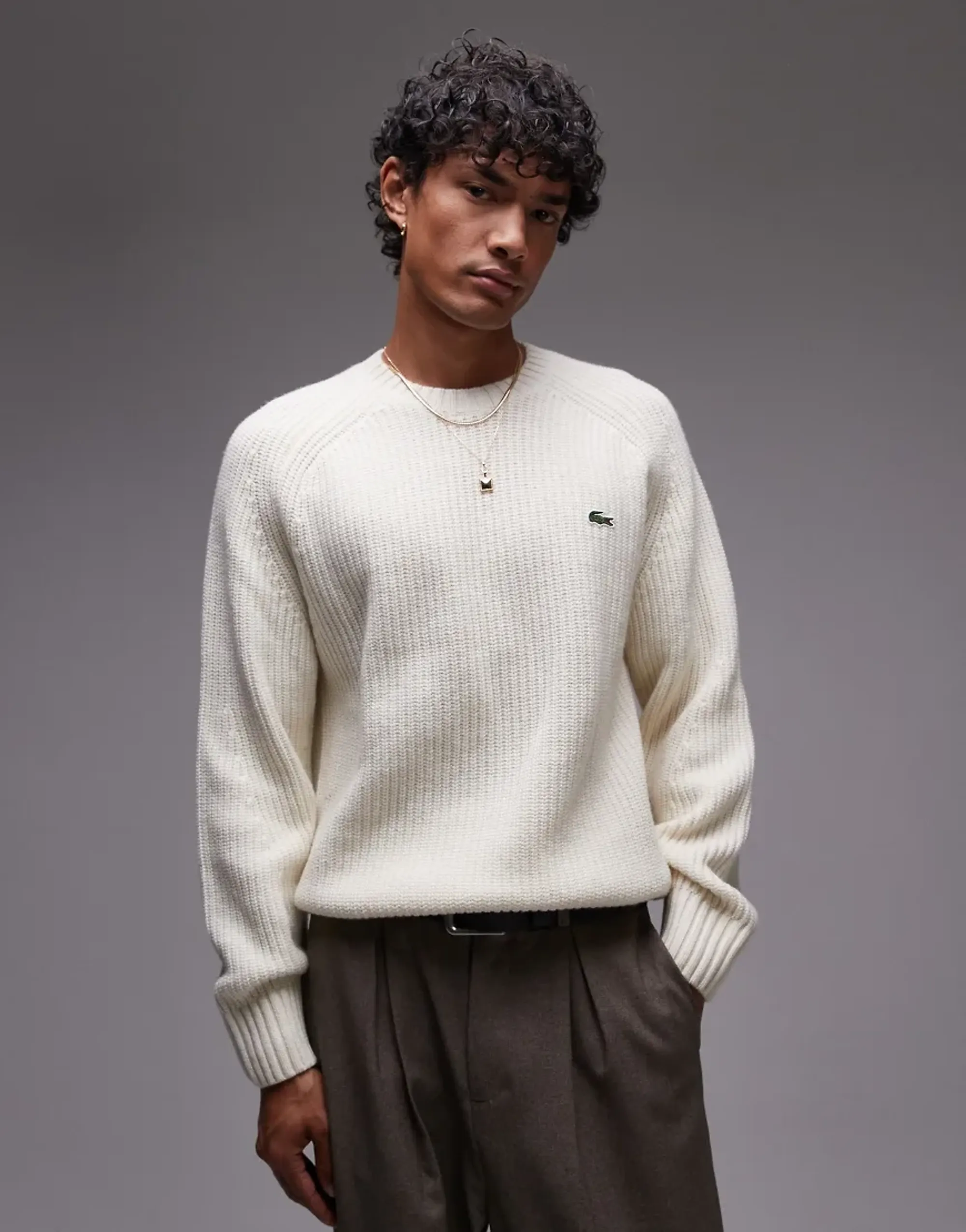 Lacoste Thick Wool Crew Neck Sweater - Ecru White