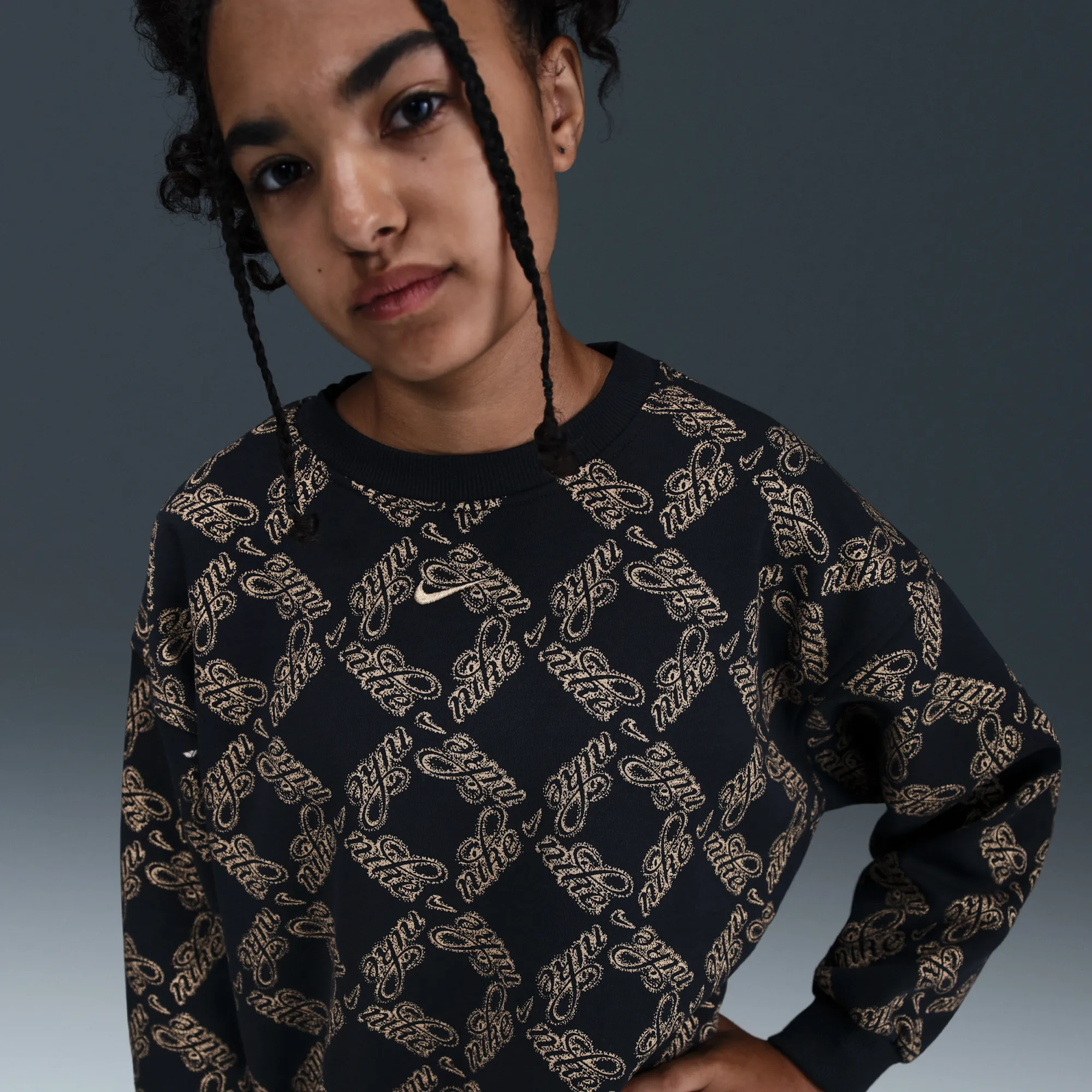 Nike Club Fleece Big Kids' (Girls') Oversized Printed Crewneck Sweatshirt - Black - Cotton/Polyester