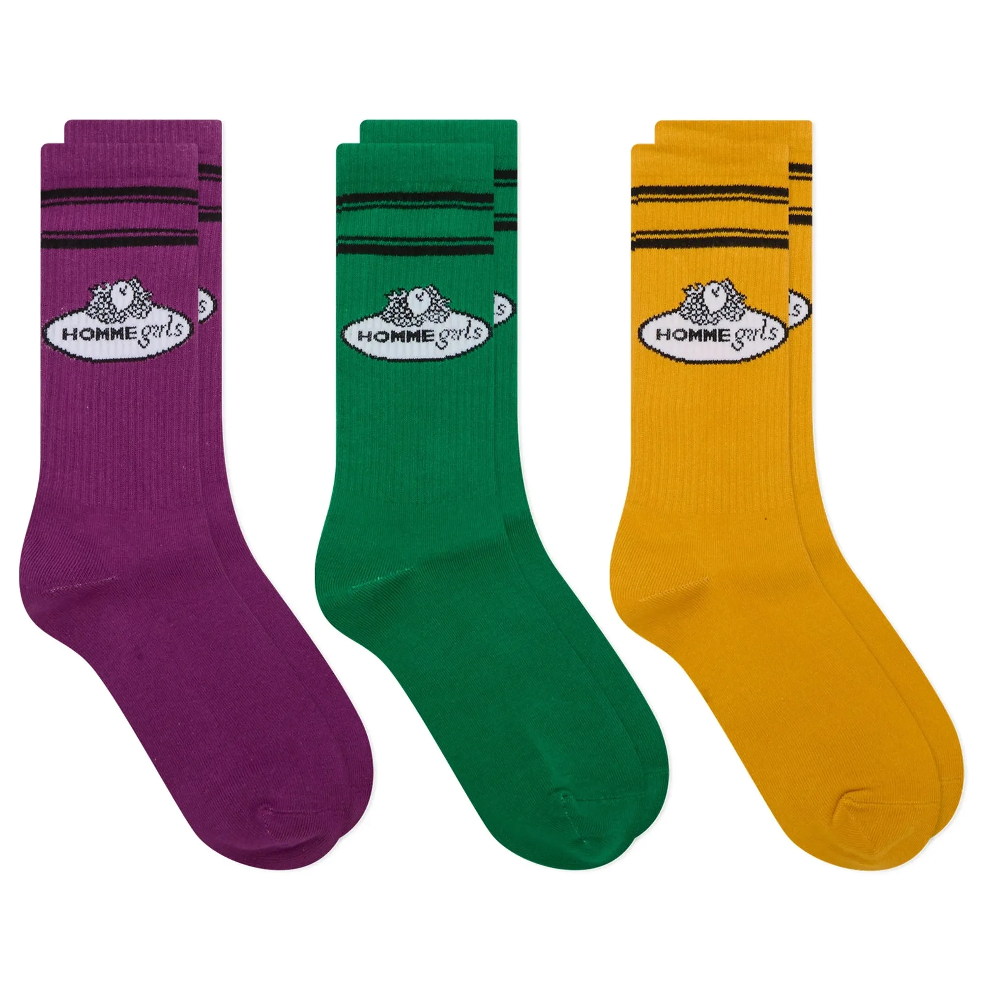Hommegirls Women's Crew Socks - Pack of 3 Magenta/Yellow/Green