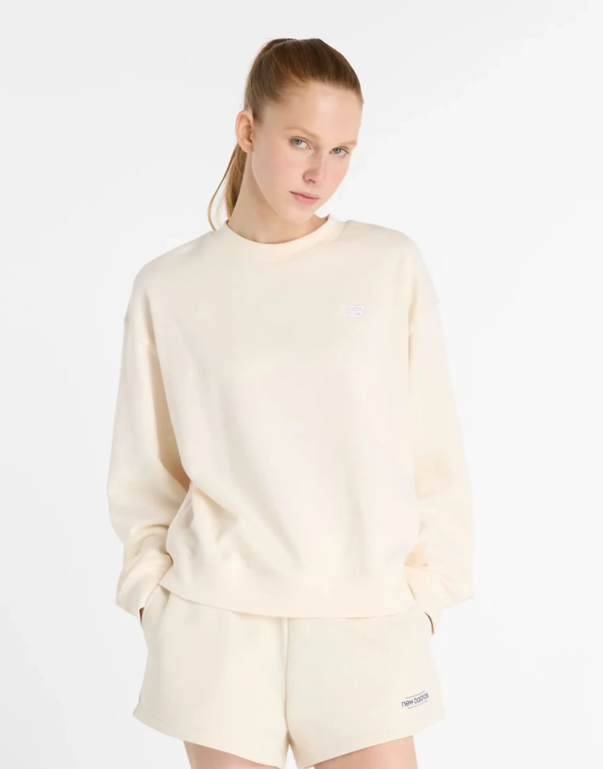 New Balance Women Sport Essentials French Terry Crew in White Cotton Fleece