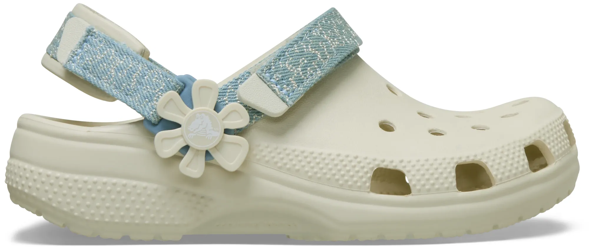 Crocs | Kids | Classic Denim Flower Adjustable Backstrap | Clogs | Summit White | J5