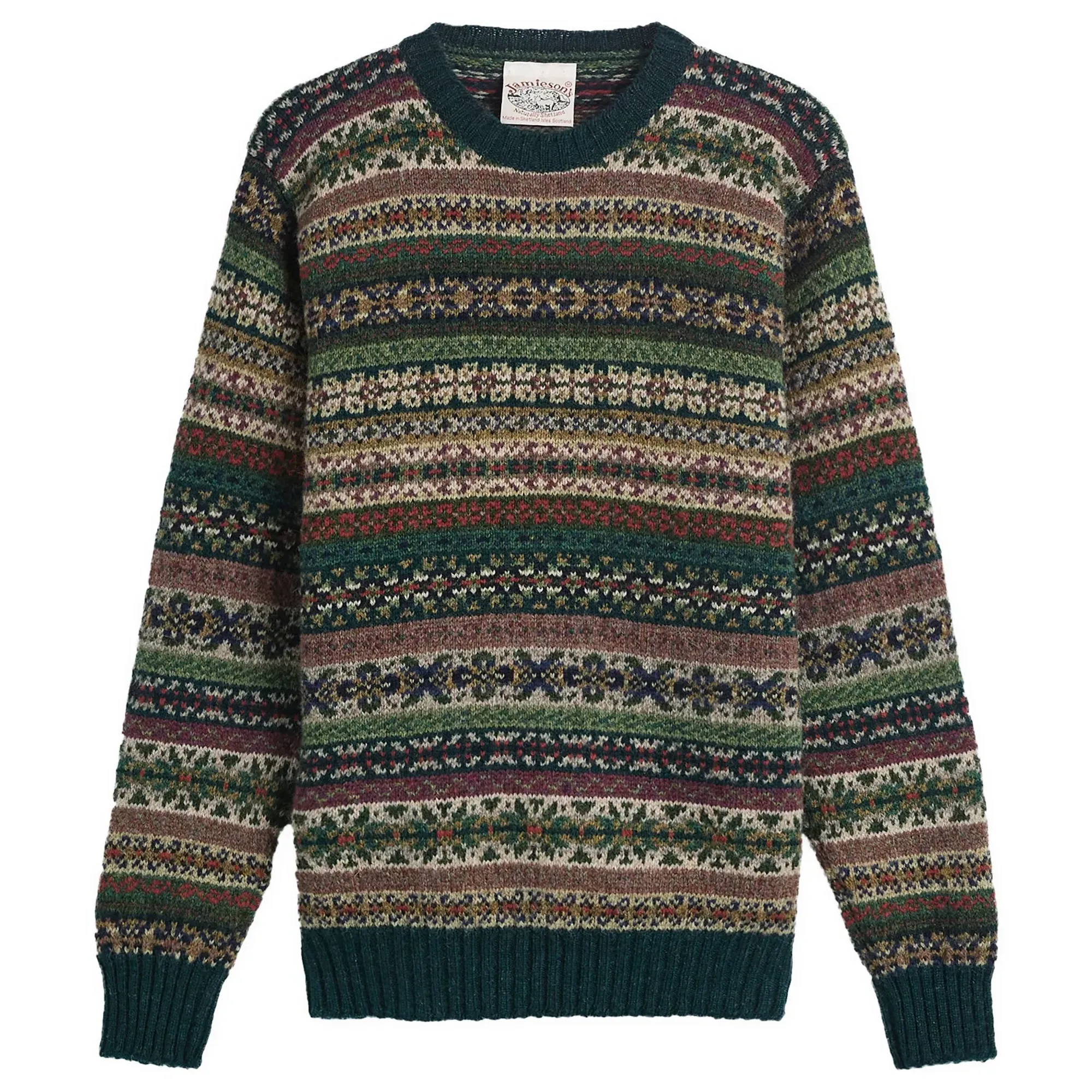 Jamiesons of Shetland Fair Isle Crew Knit Green/Beige/Red