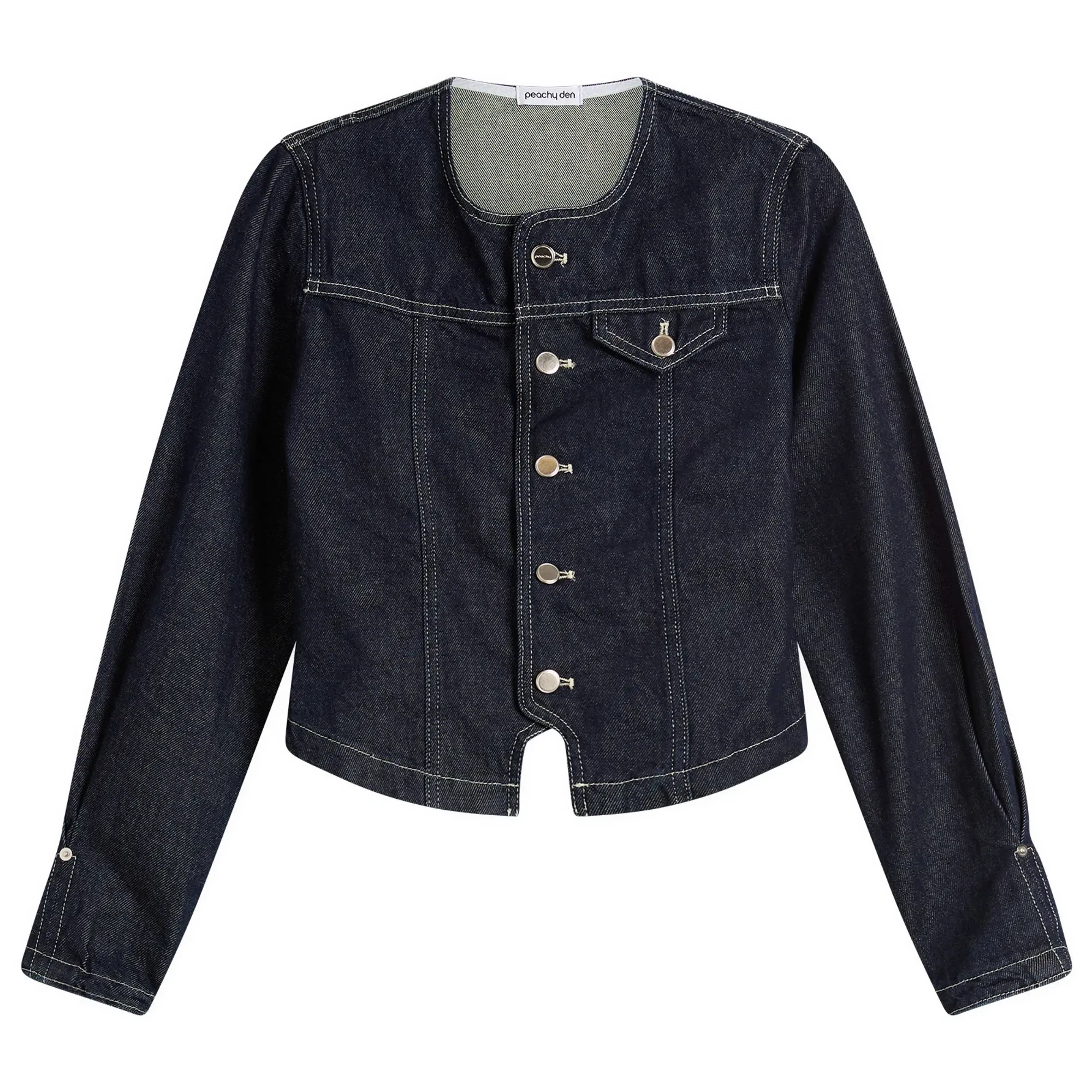 Peachy Den Women's Goldie Collarless Denim Jacket Indigo Rinse