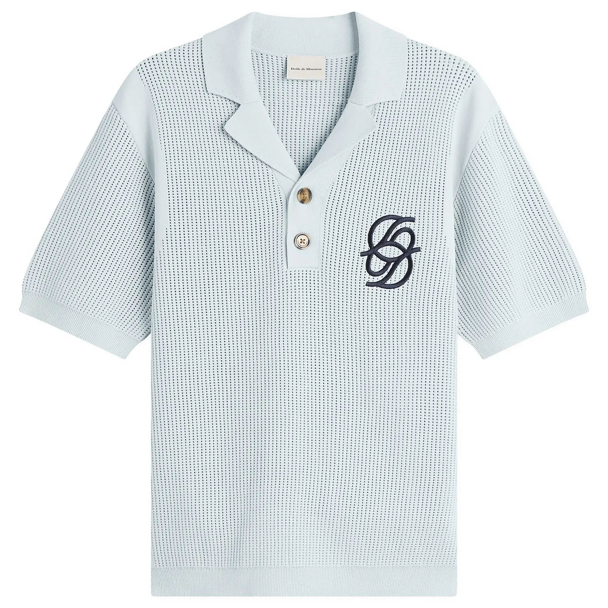 Drôle de Monsieur Men's Monogramme Open Weave Polo Light Blue