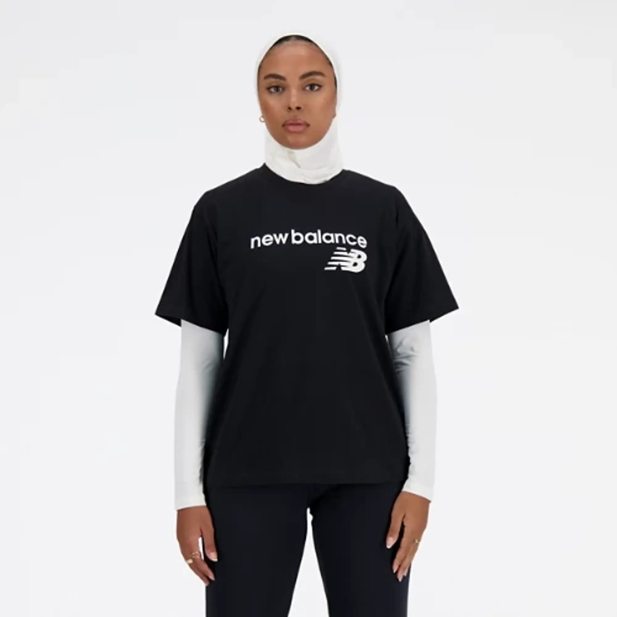 New Balance Women's Sport Jersey Relaxed Graphic T-Shirt in Black Cotton Jersey