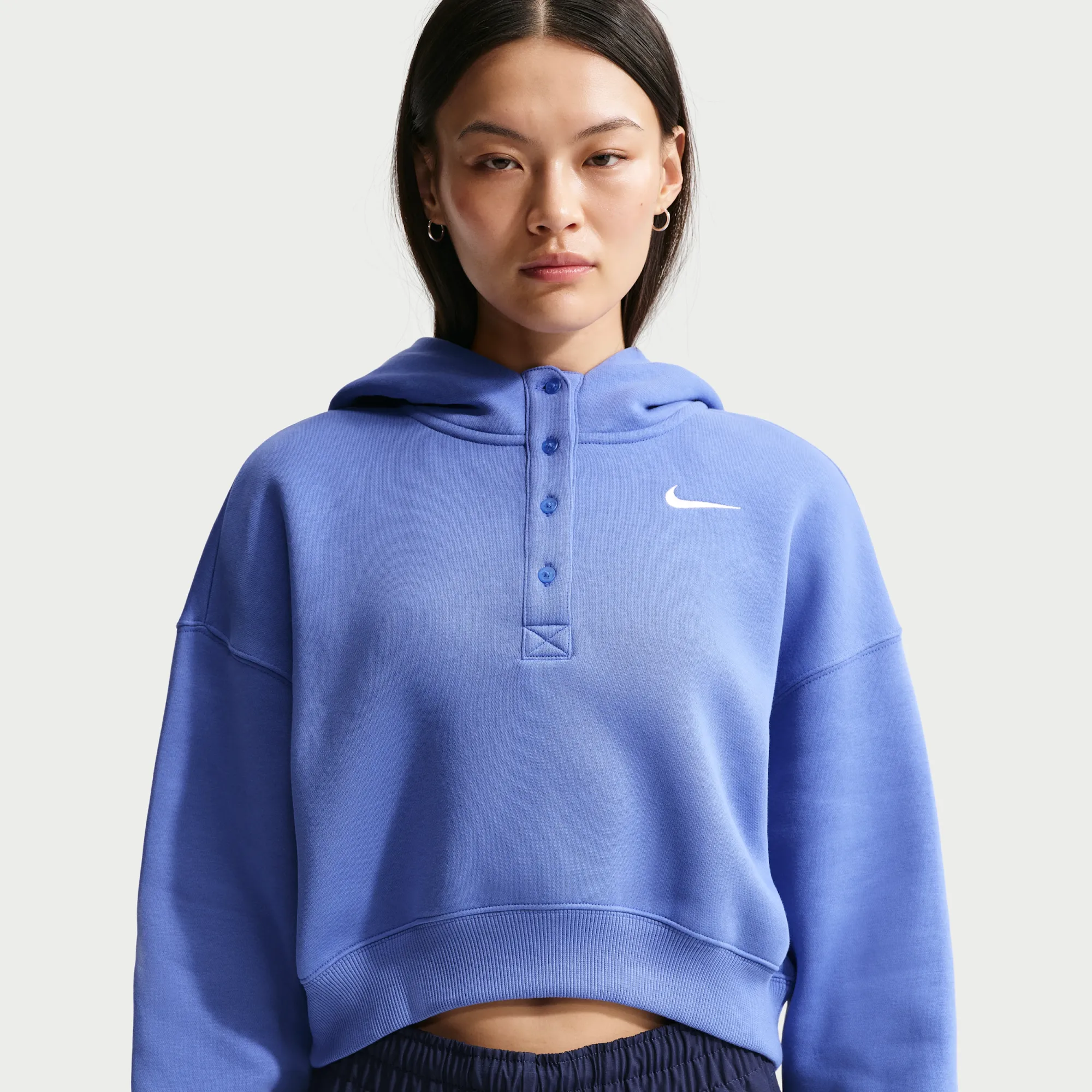 Nike Phoenix Fleece Women's Oversized Cropped Henley Hoodie - Blue - Cotton/Polyester