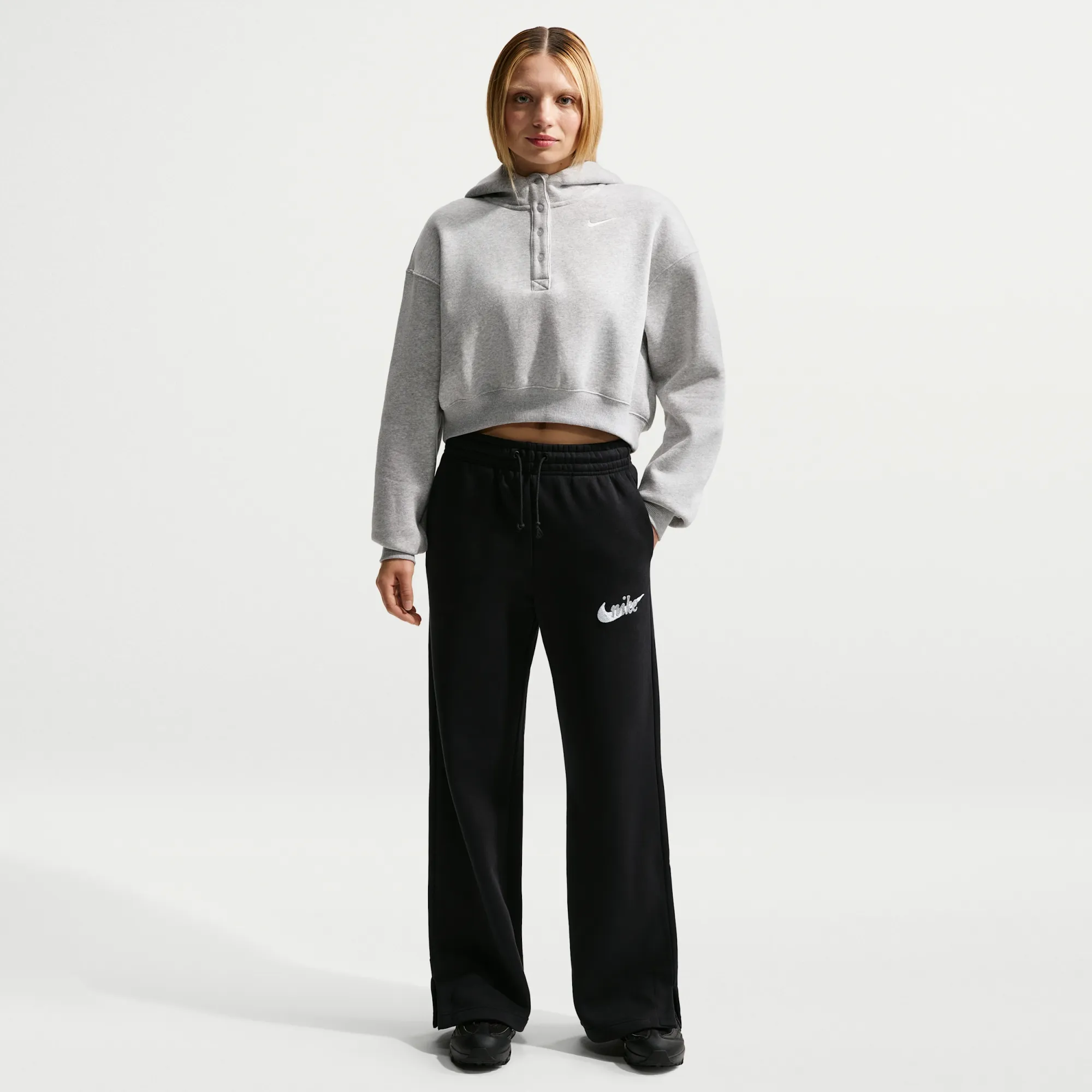 Nike Phoenix Fleece Women's High-Waisted Wide-Leg Logo Trousers - Black - Cotton/Polyester