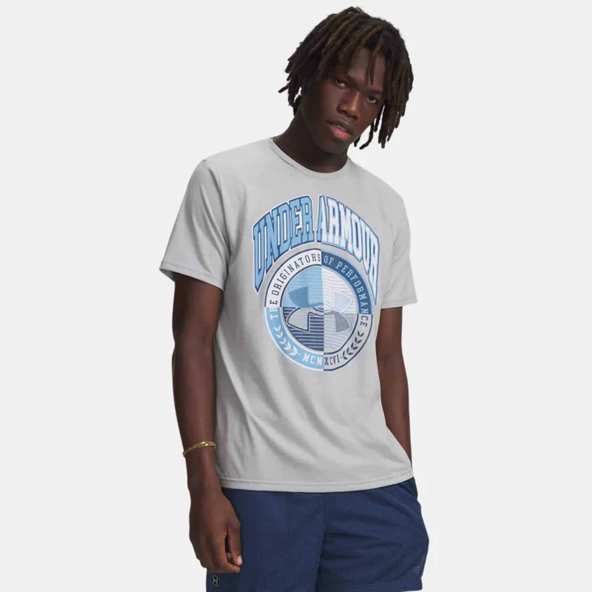 Under Armour Varsity Crest Men's Short Sleeve Mod Gray Light Heather / Wham Blue L