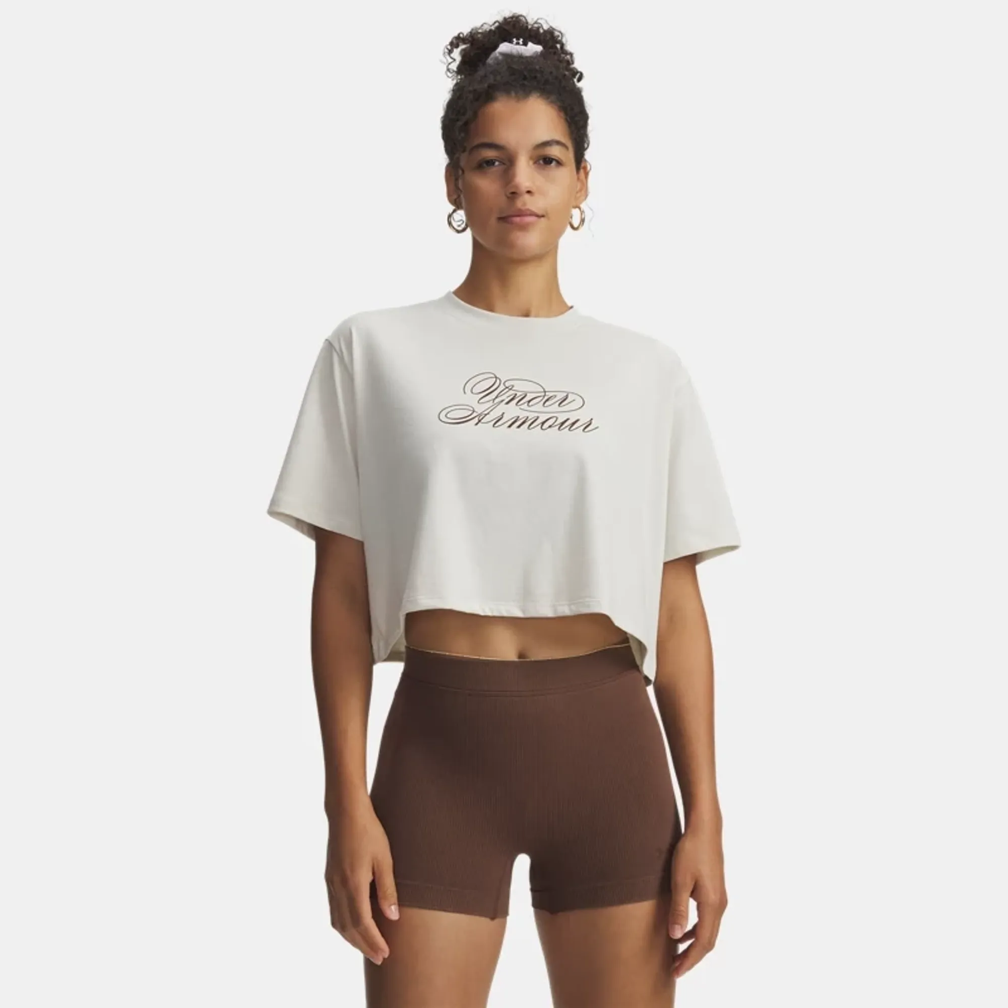 Under Armour Script Heart Women's Crop Short Sleeve Summit White / Gridiron Brown L