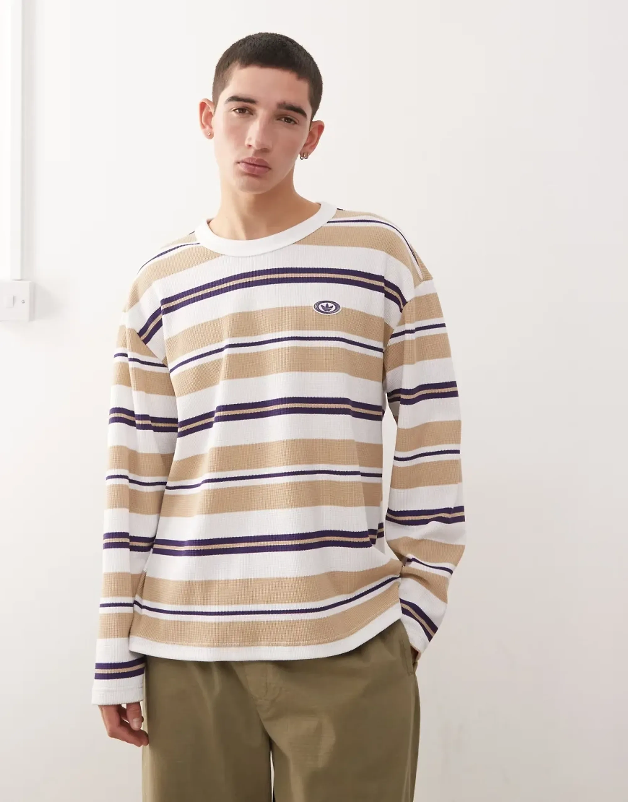 Adidas Originals Stripe Long Sleeve Tshirt In Beige And White
