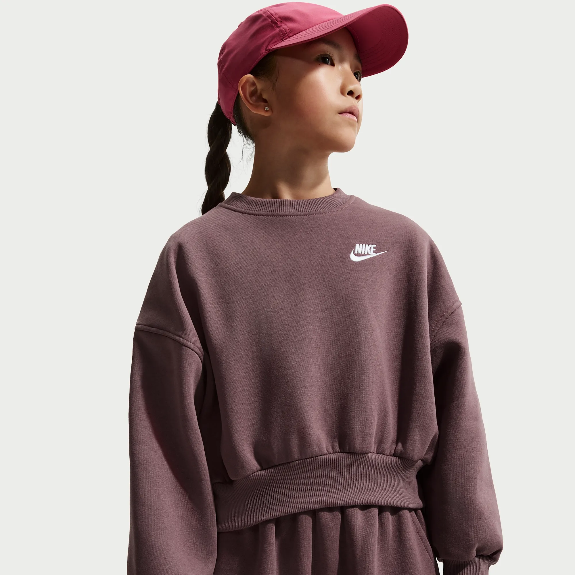 Nike Club Fleece Girls' Boxy Crew-Neck Sweatshirt - Purple - Fleece