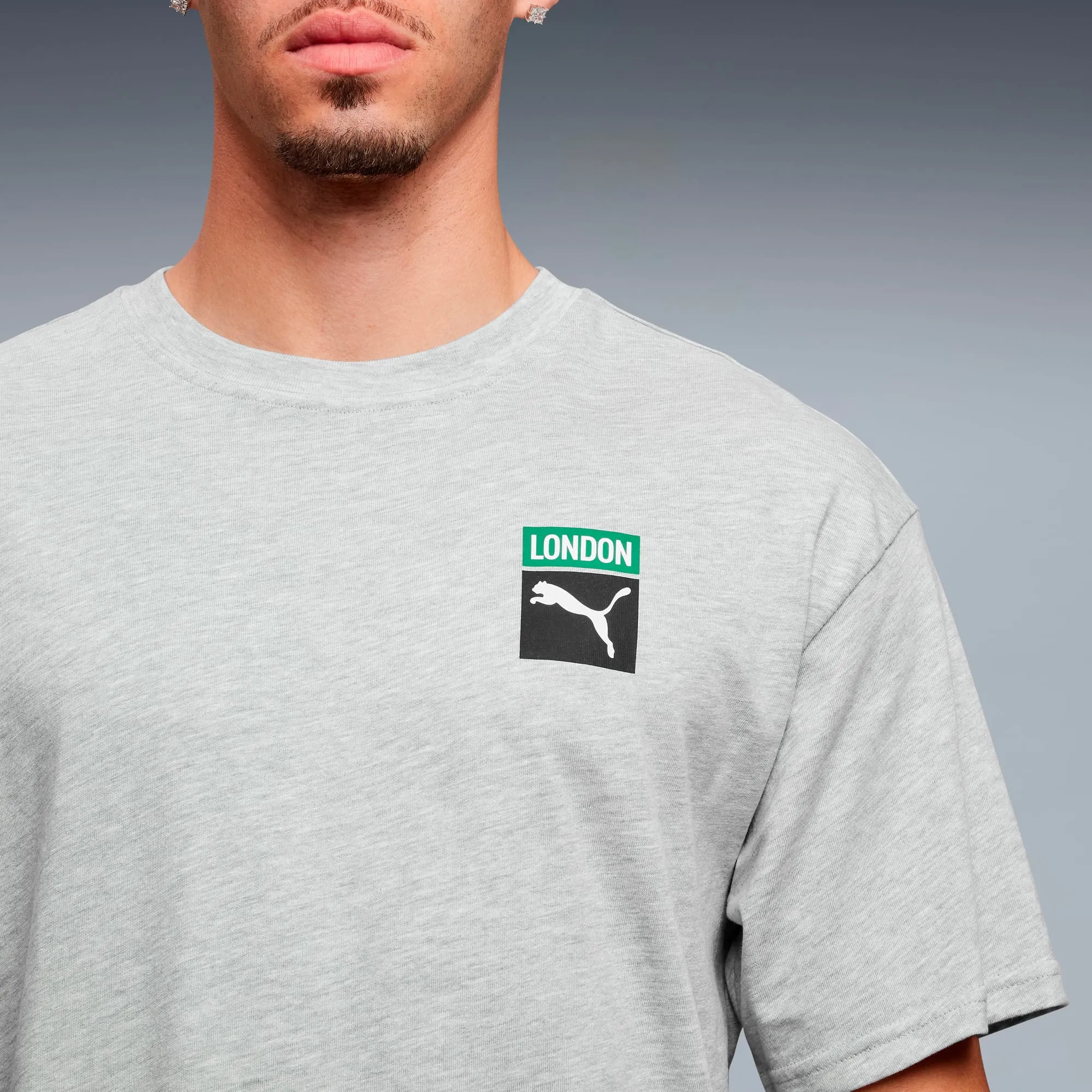 PUMA Graphic Box LDN Tee Shirt Unisex, Light Grey Heather, size Large