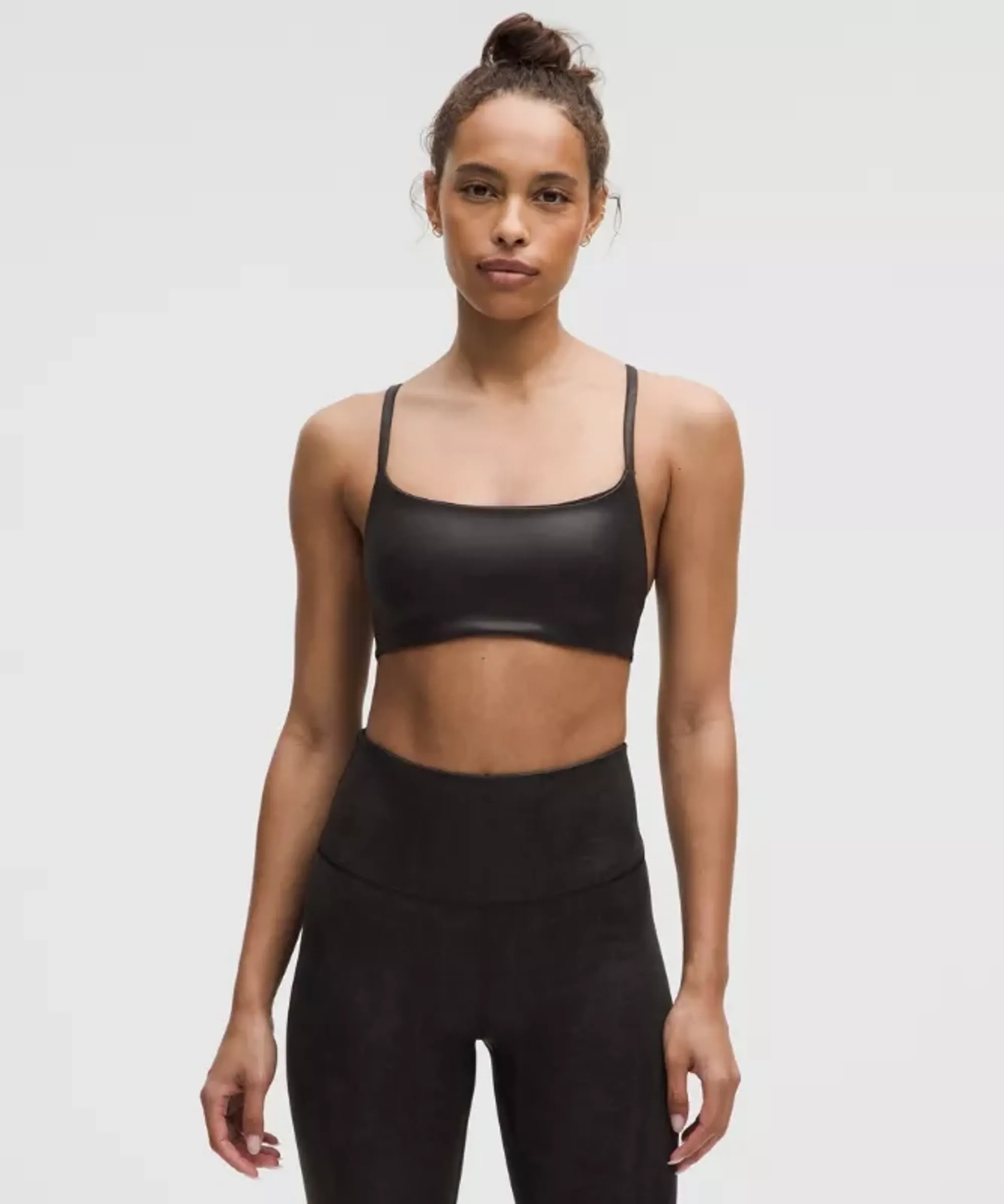 lululemon – Women's Wunder Train Strappy Racer Sports Bra Light Support, A/B Cup Foil – Color Black – Size 10
