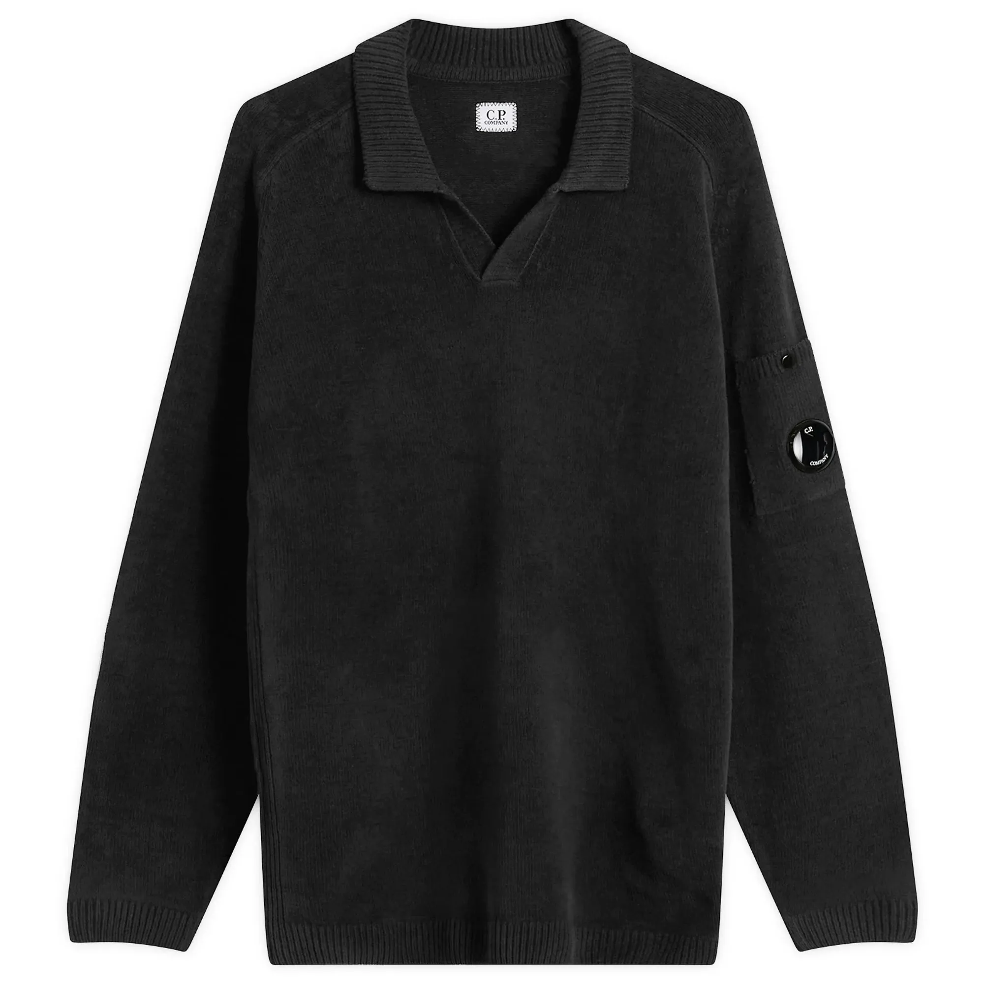 C.P. Company Men's Cotton Chenille Polo Lens Sweater Black