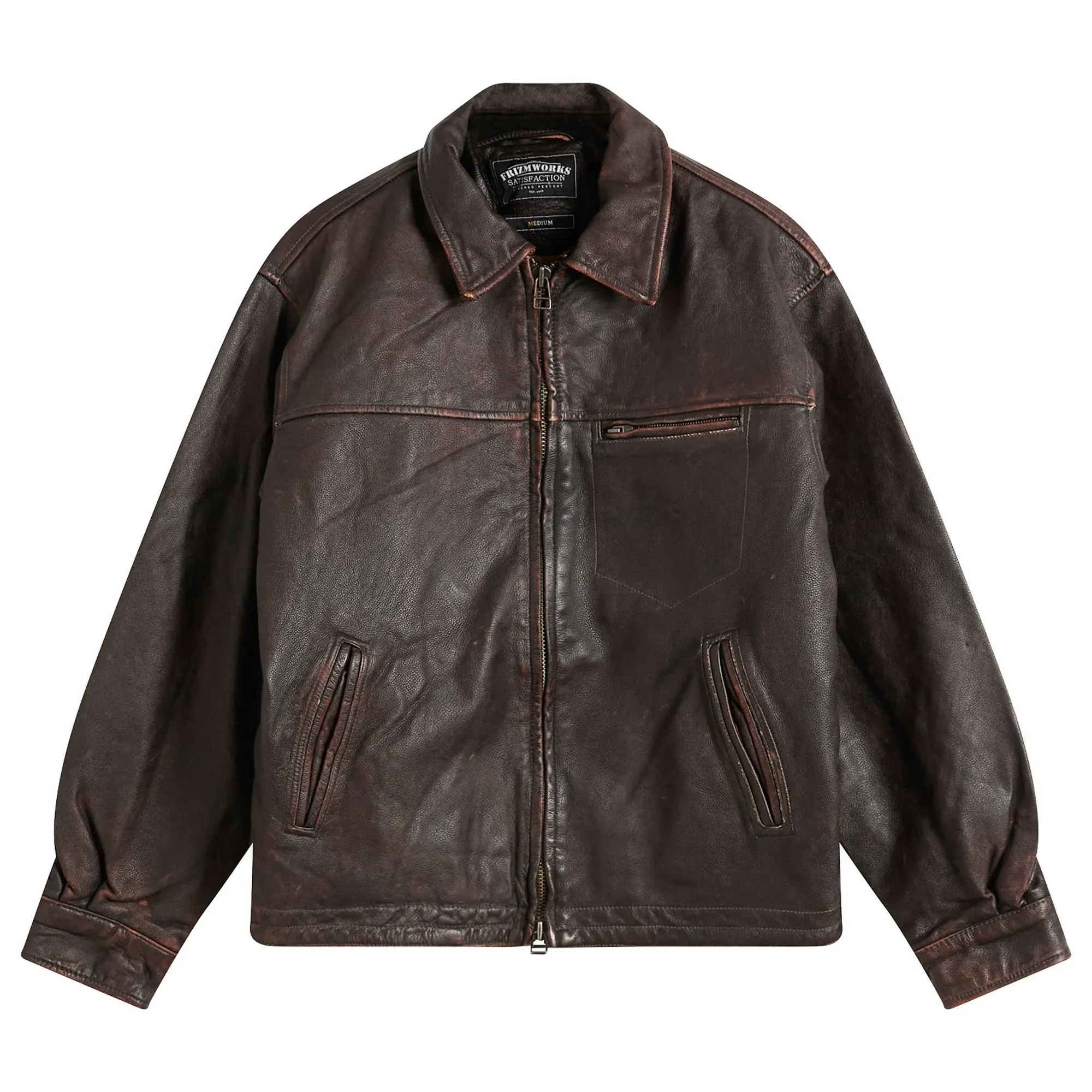FrizmWORKS Men's Destroyed Cowhide Leather Jacket Washed Brown