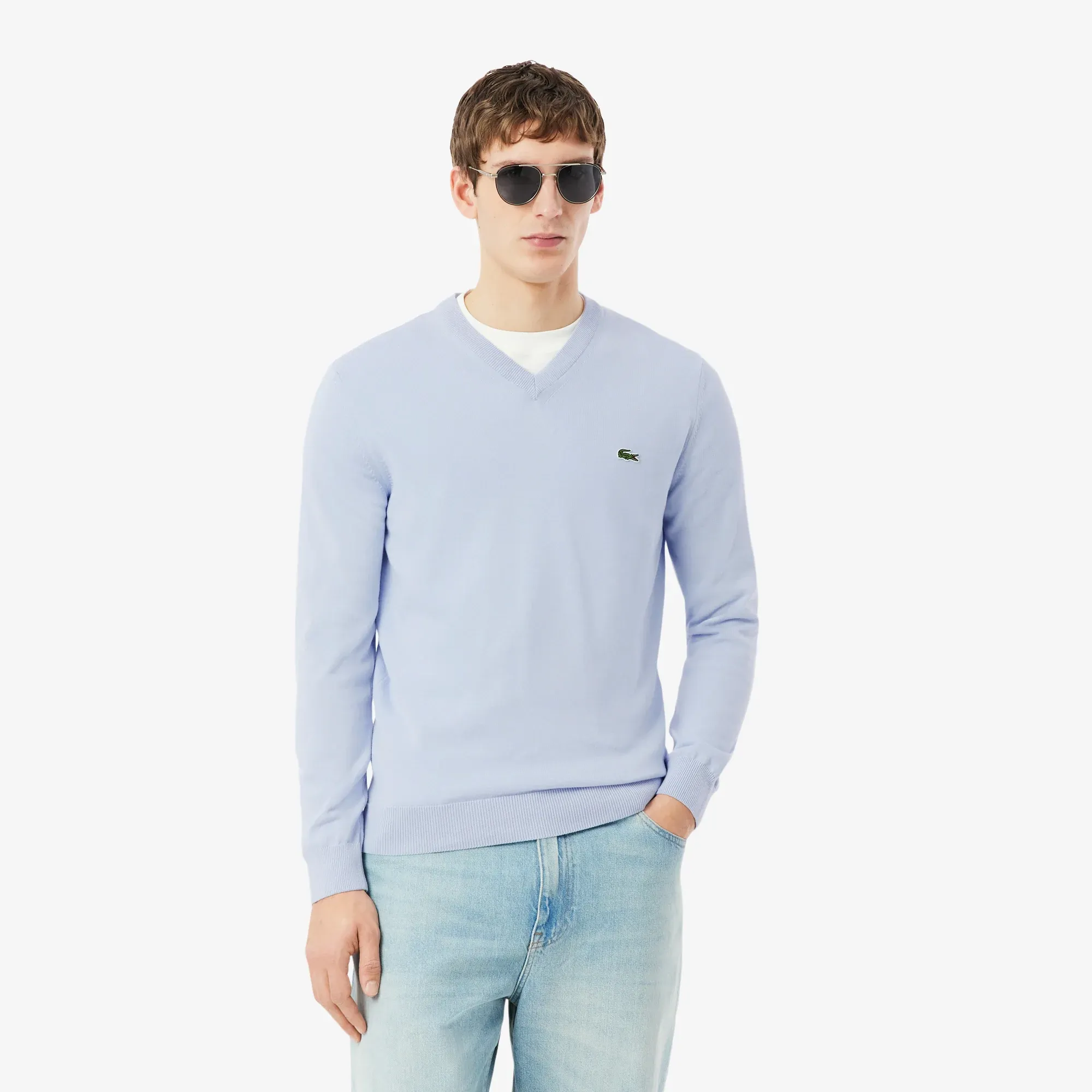 Lacoste Monochrome Cotton V-neck Sweater - Light Blue