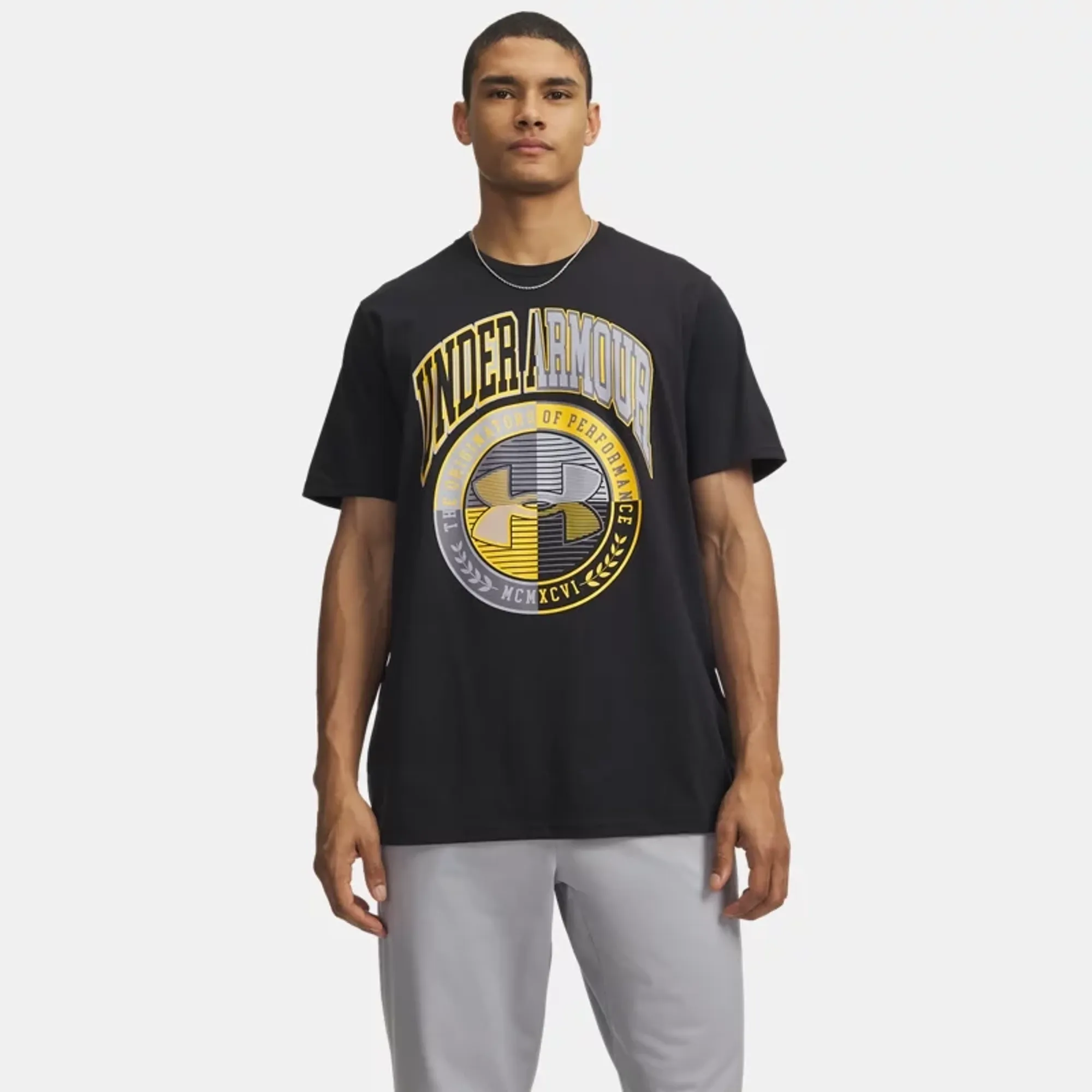 Under Armour Varsity Crest Men's Short Sleeve Black / Campus Gold L