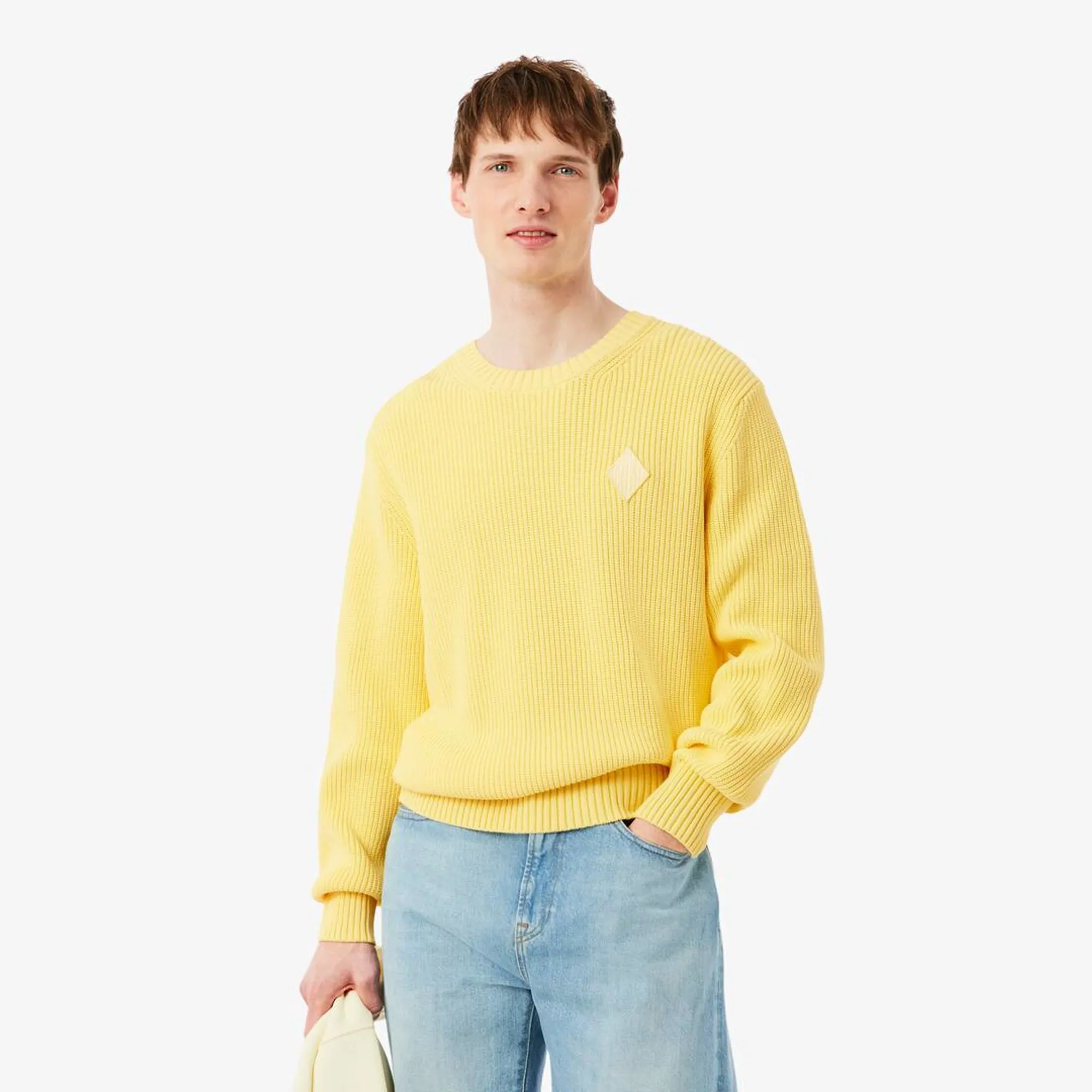 Lacoste Pearl Rib Knit Badge Accent Sweater - Pastel Yellow