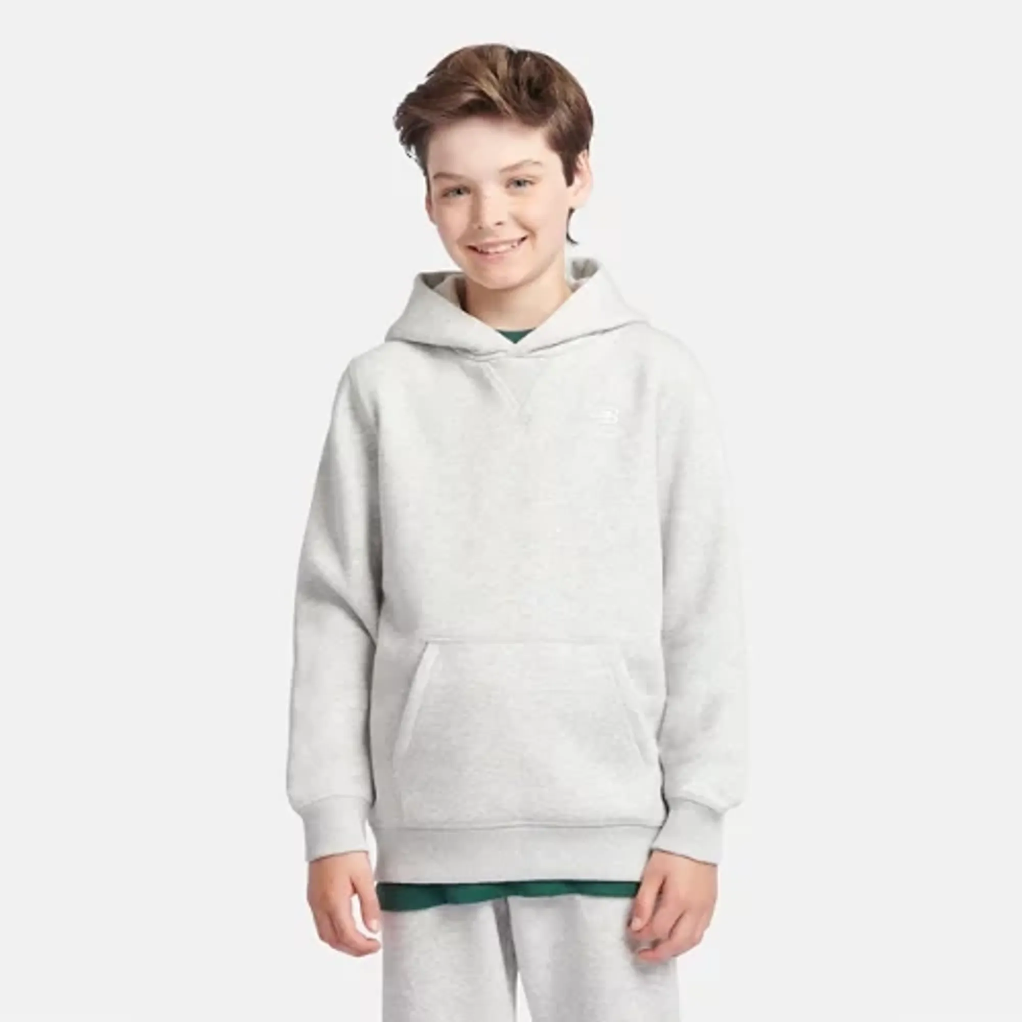 New Balance Boys French Terry Small Logo Hoodie in Grey Cotton