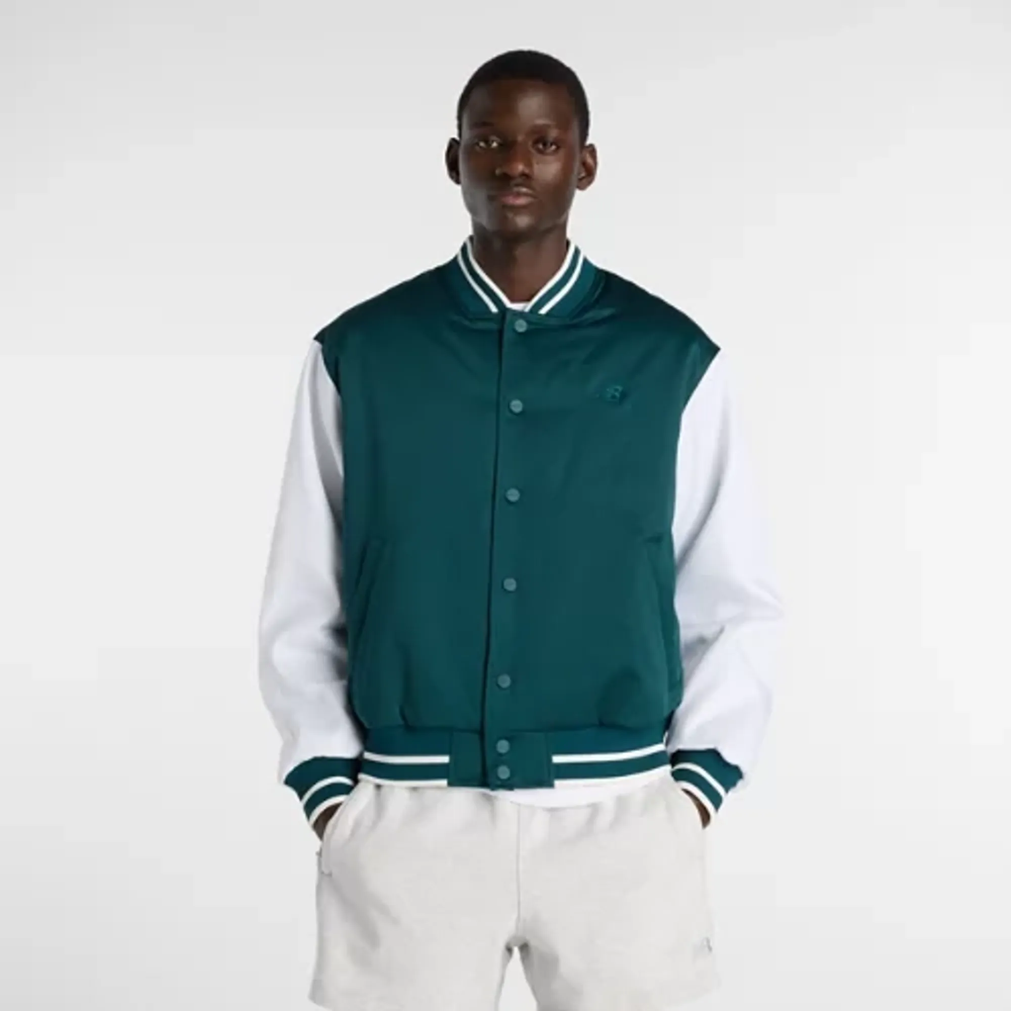 New Balance Men's Athletics Varsity Jacket in Green/White Cotton Twill